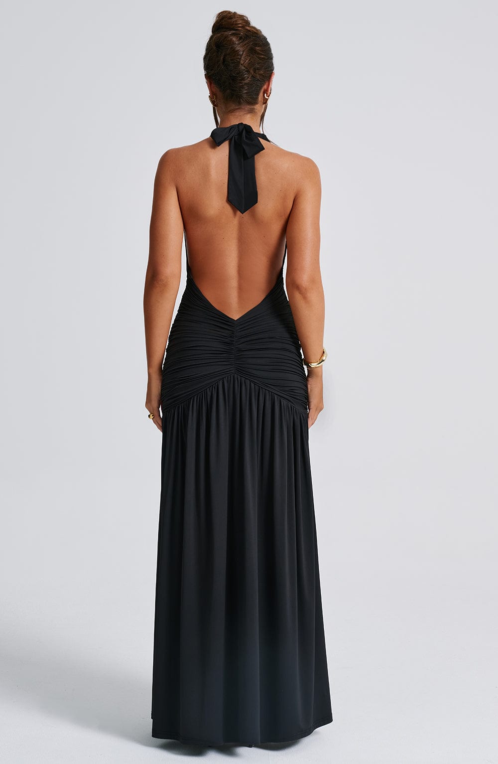 Halter Plunge Ruched Maxi Dress for Women – Thigh Split Evening Gown – Black