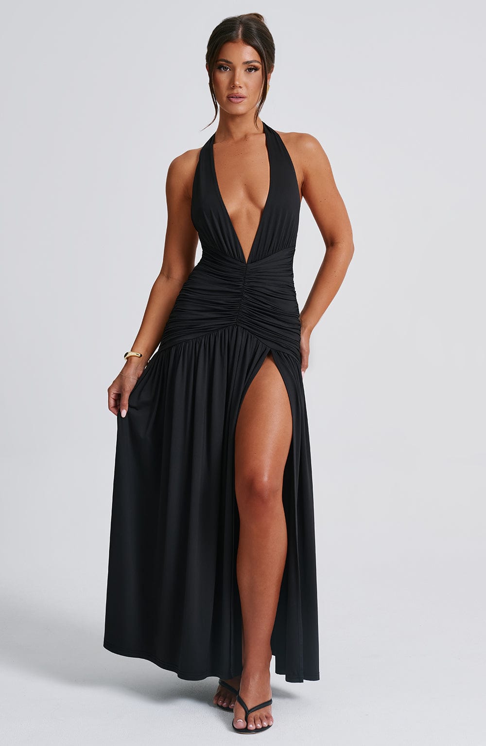 Halter Plunge Ruched Maxi Dress for Women – Thigh Split Evening Gown – Black