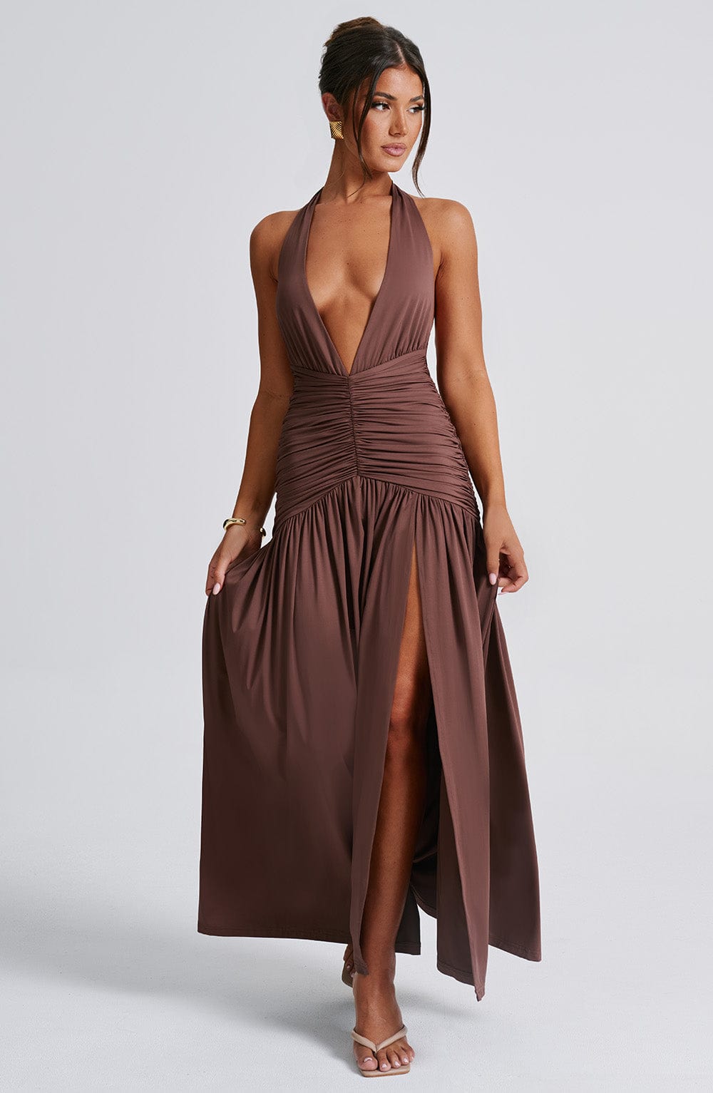 Halter Plunge Ruched Maxi Dress for Women – Thigh Split Evening Gown – Brown