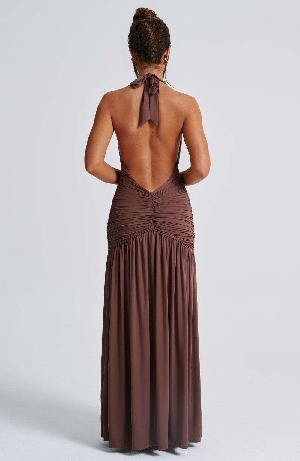 Halter Plunge Ruched Maxi Dress for Women – Thigh Split Evening Gown – Brown