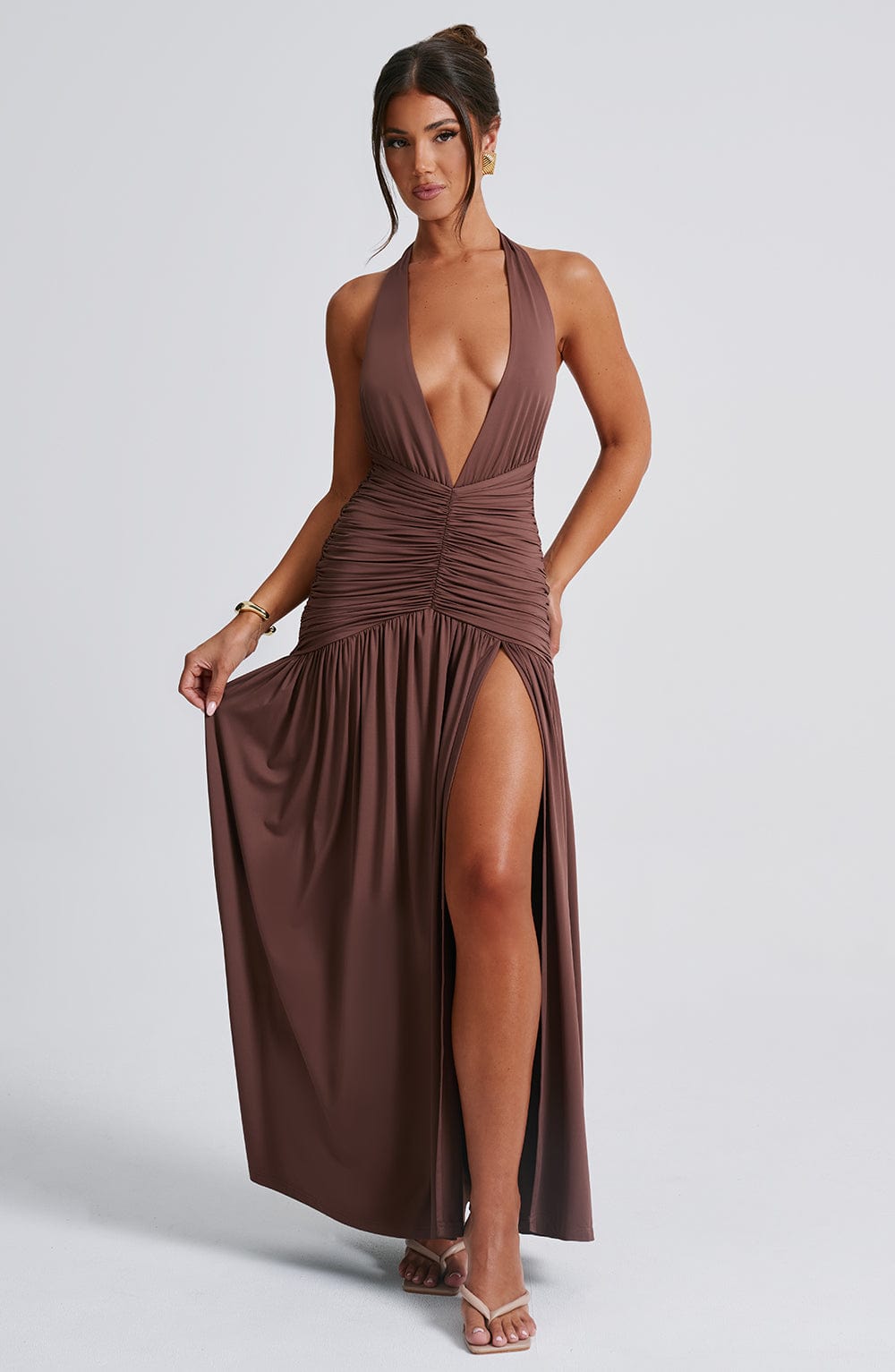 Halter Plunge Ruched Maxi Dress for Women – Thigh Split Evening Gown – Brown