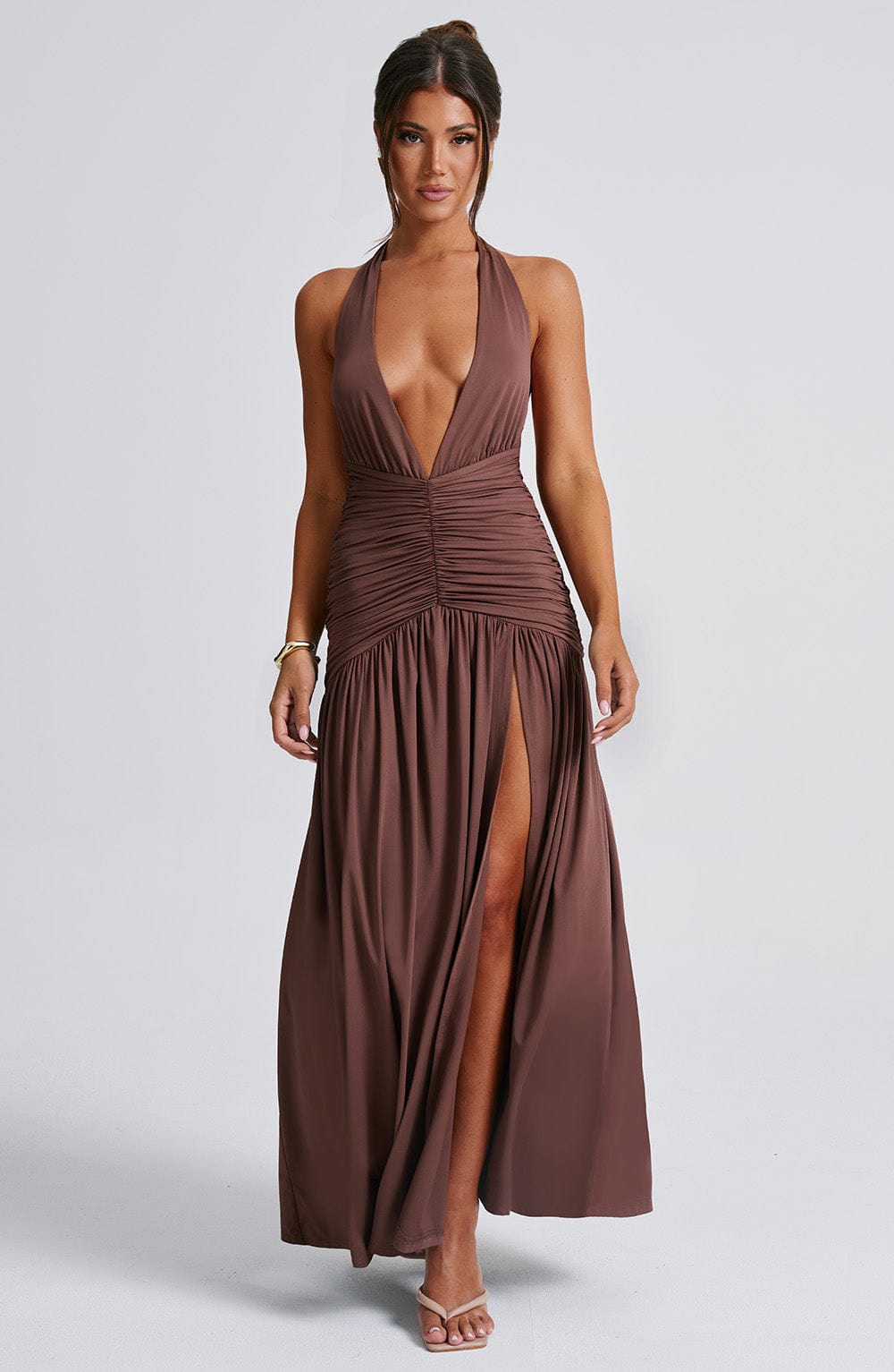 Halter Plunge Ruched Maxi Dress for Women – Thigh Split Evening Gown – Brown