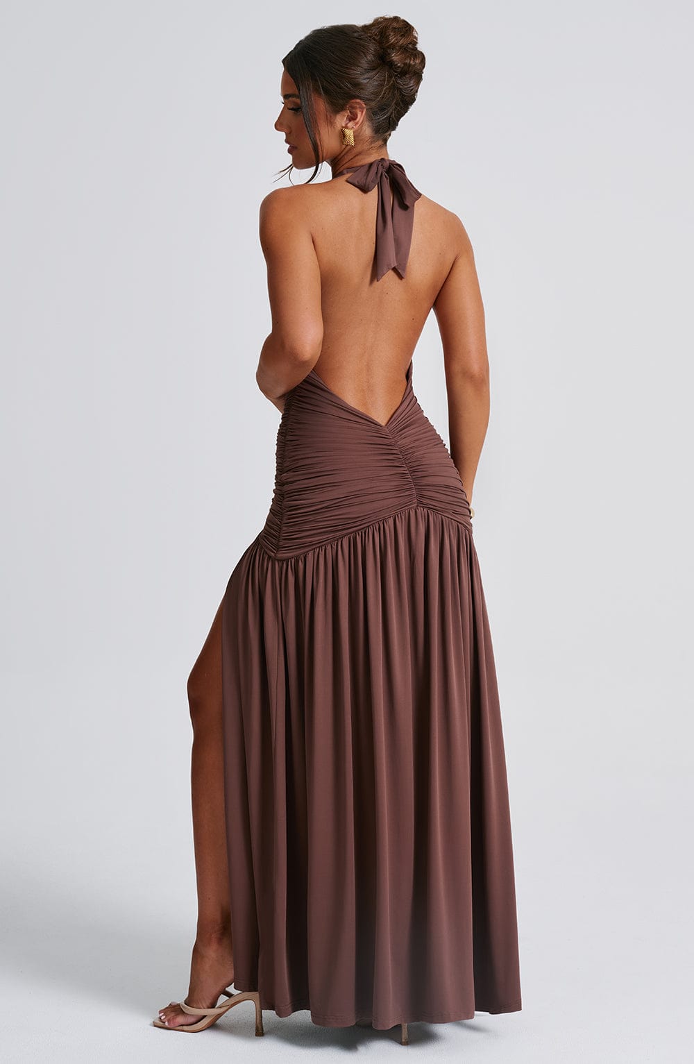 Halter Plunge Ruched Maxi Dress for Women – Thigh Split Evening Gown – Brown