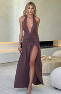Halter Plunge Ruched Maxi Dress for Women – Thigh Split Evening Gown – Brown