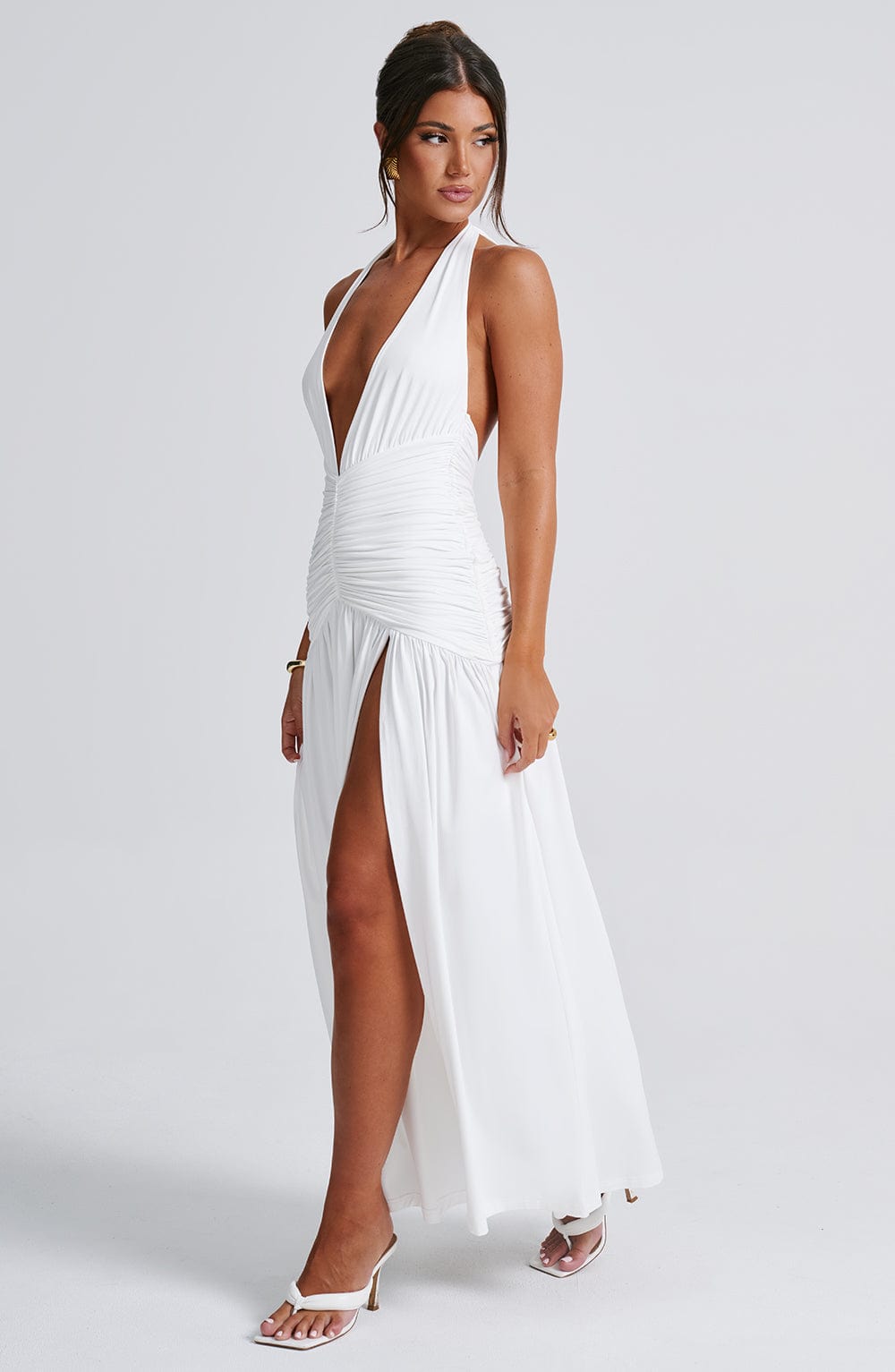 Halter Plunge Ruched Maxi Dress for Women – Thigh Split Evening Gown – White