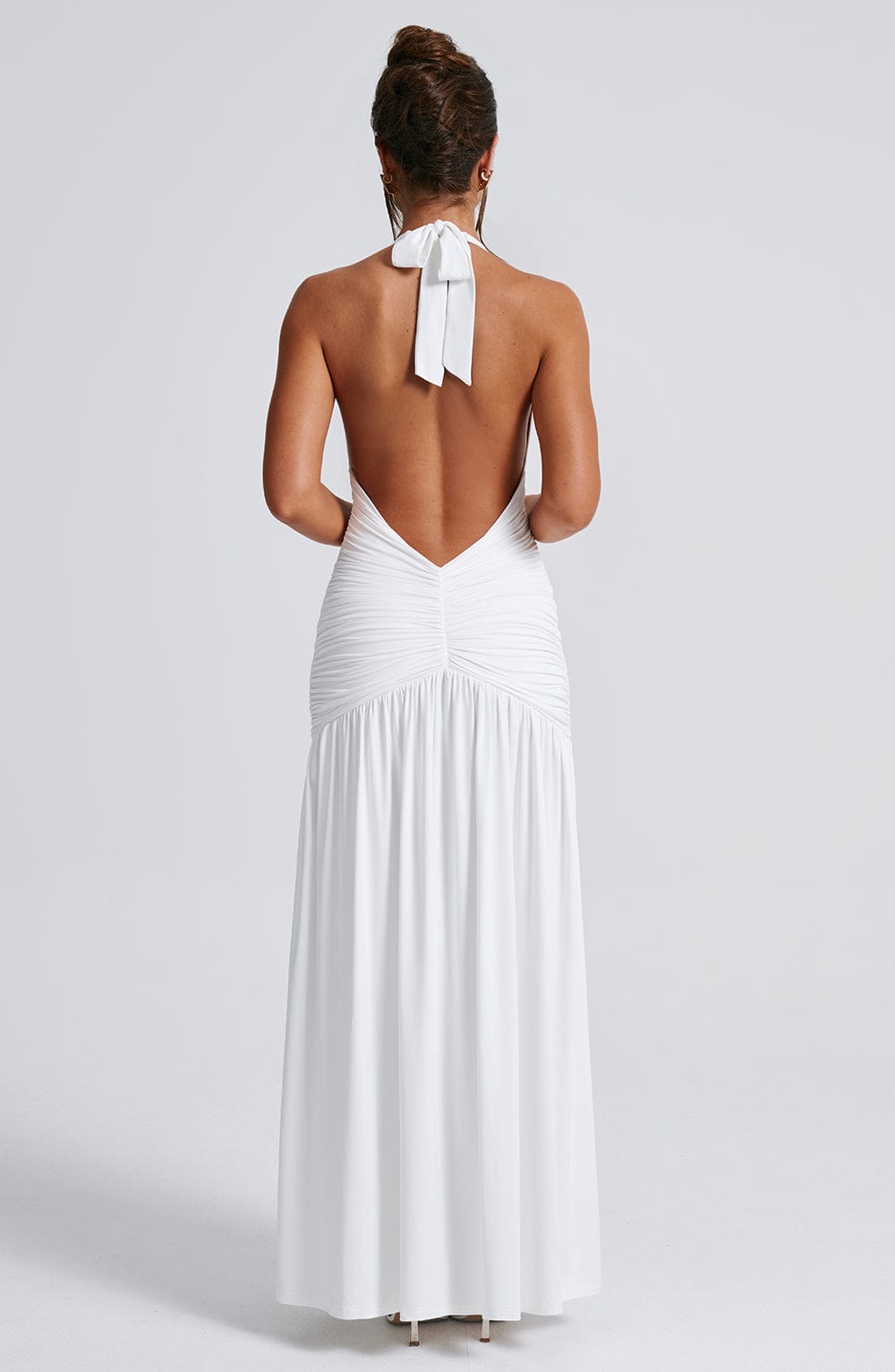 Halter Plunge Ruched Maxi Dress for Women – Thigh Split Evening Gown – White