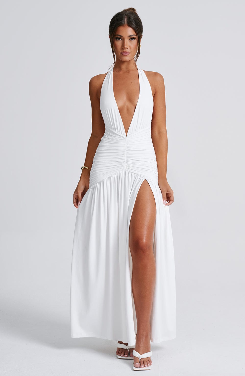 Halter Plunge Ruched Maxi Dress for Women – Thigh Split Evening Gown – White