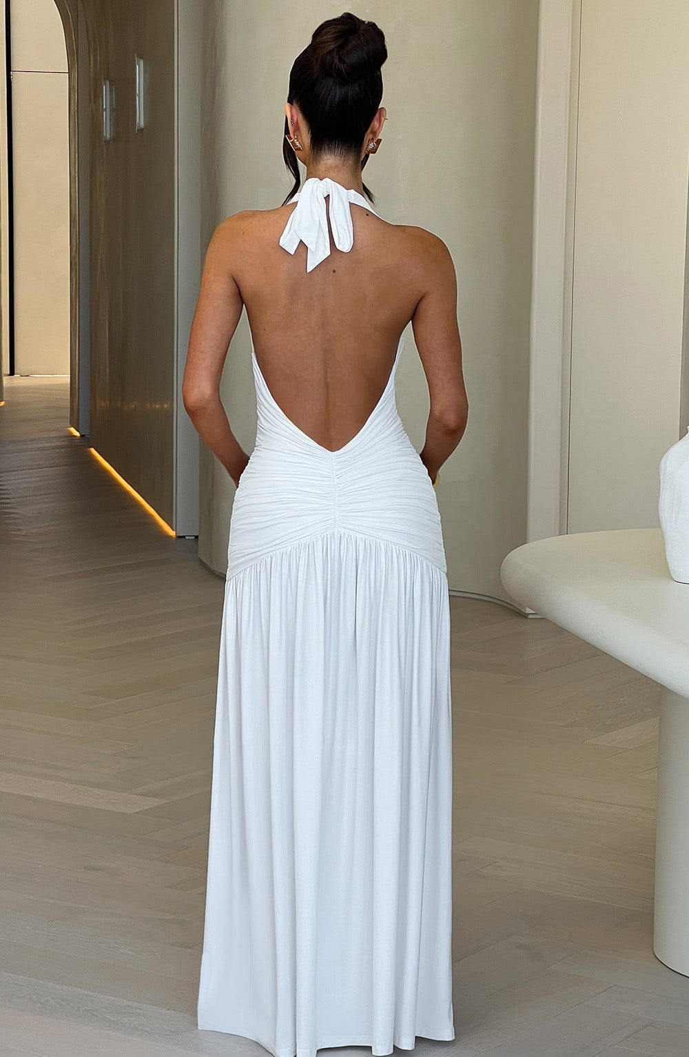 Halter Plunge Ruched Maxi Dress for Women – Thigh Split Evening Gown – White