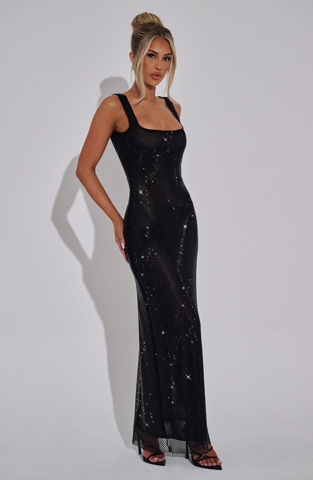 Rhinestone Embellished Maxi Dress for Women – Sleeveless Evening Gown – Black