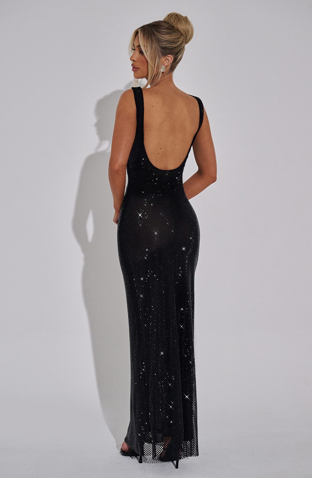 Rhinestone Embellished Maxi Dress for Women – Sleeveless Evening Gown – Black