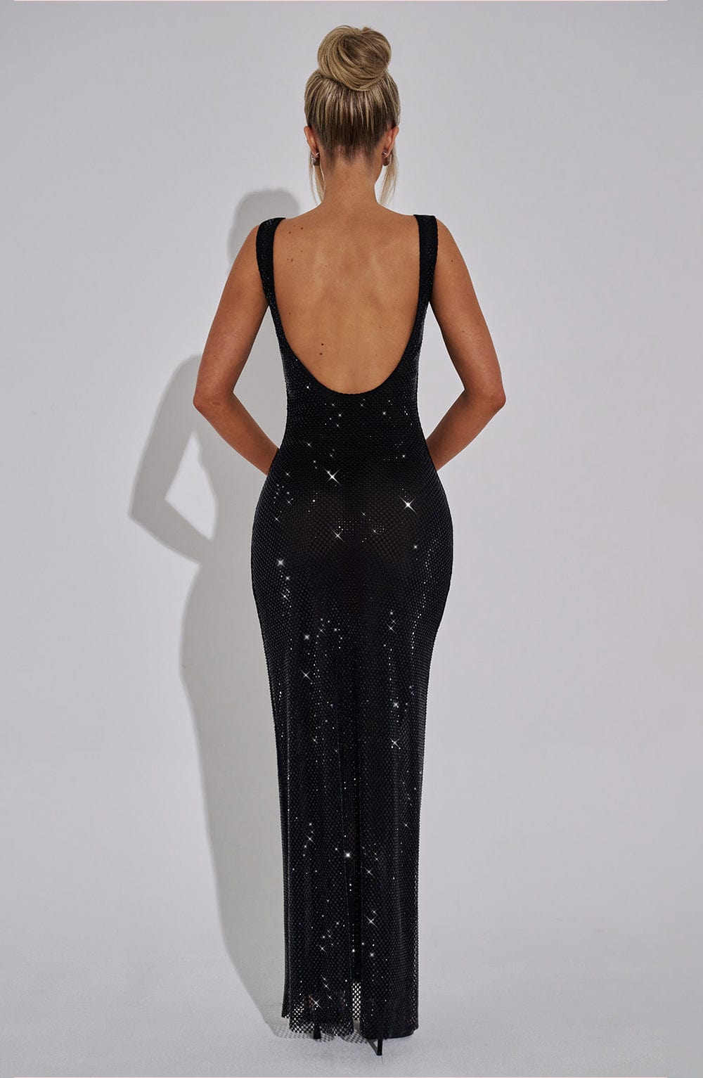 Rhinestone Embellished Maxi Dress for Women – Sleeveless Evening Gown – Black