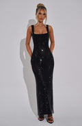 Rhinestone Embellished Maxi Dress for Women – Sleeveless Evening Gown – Black