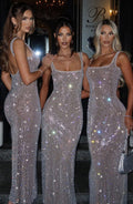 Rhinestone Embellished Maxi Dress for Women – Sleeveless Evening Gown – Silver