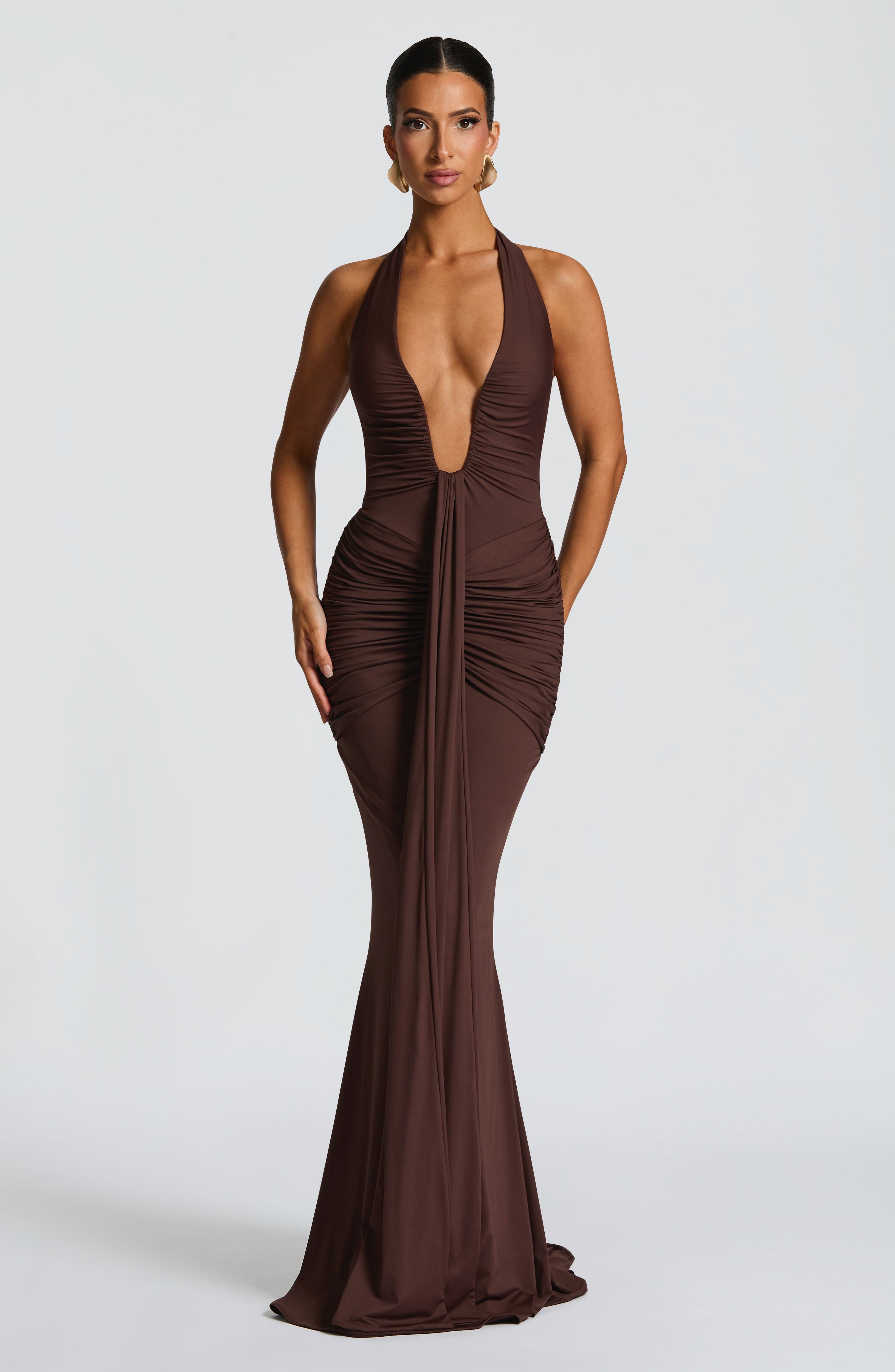 Flowing Maxi Dress for Women – Elegant Evening Gown – Brown
