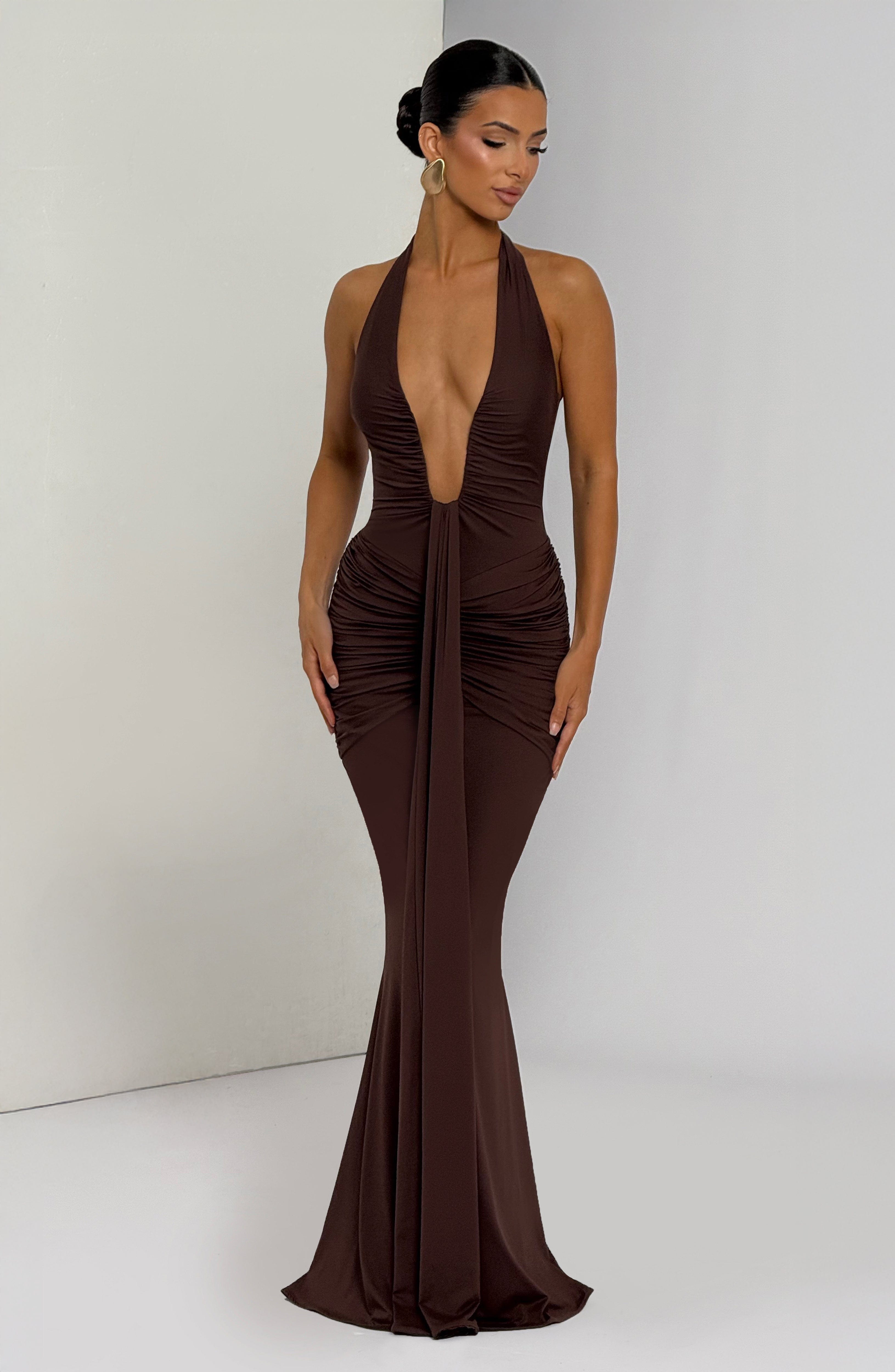 Flowing Maxi Dress for Women – Elegant Evening Gown – Brown