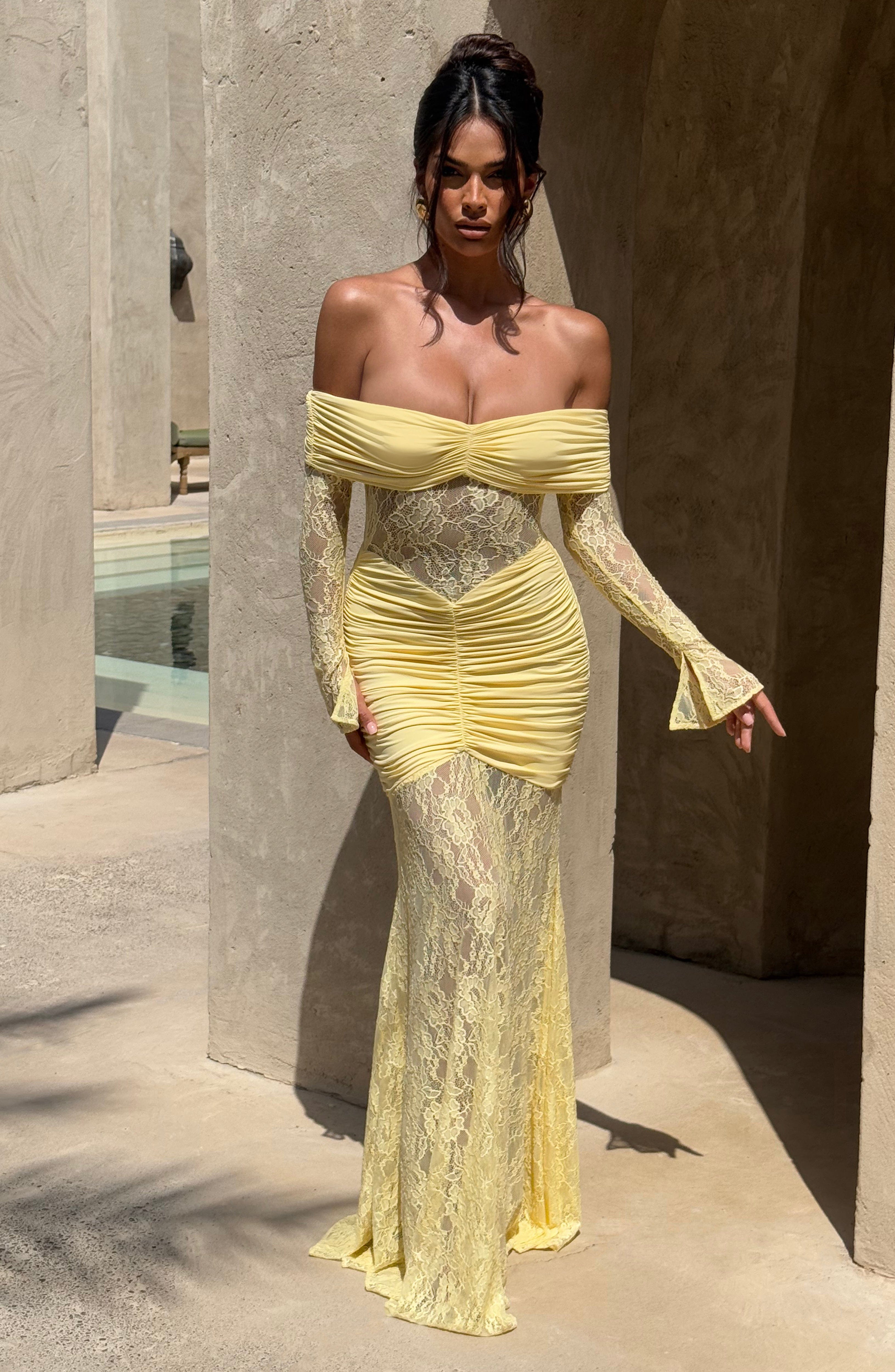 Lace Long Sleeve Maxi Dress for Women – Body-Hugging Evening Gown – Yellow