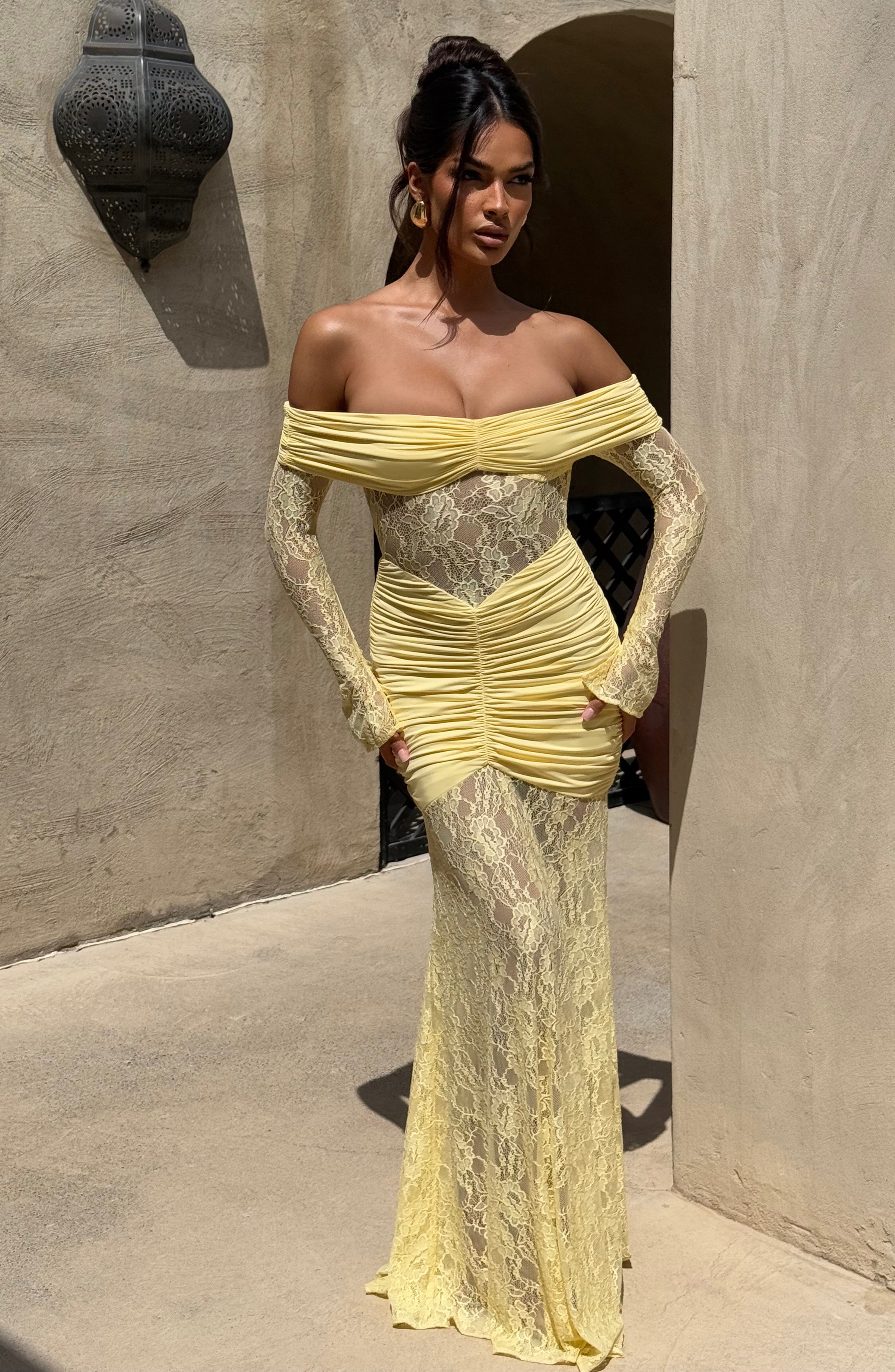 Lace Long Sleeve Maxi Dress for Women – Body-Hugging Evening Gown – Yellow