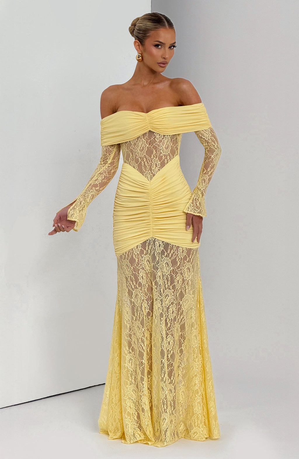 Lace Long Sleeve Maxi Dress for Women – Body-Hugging Evening Gown – Yellow