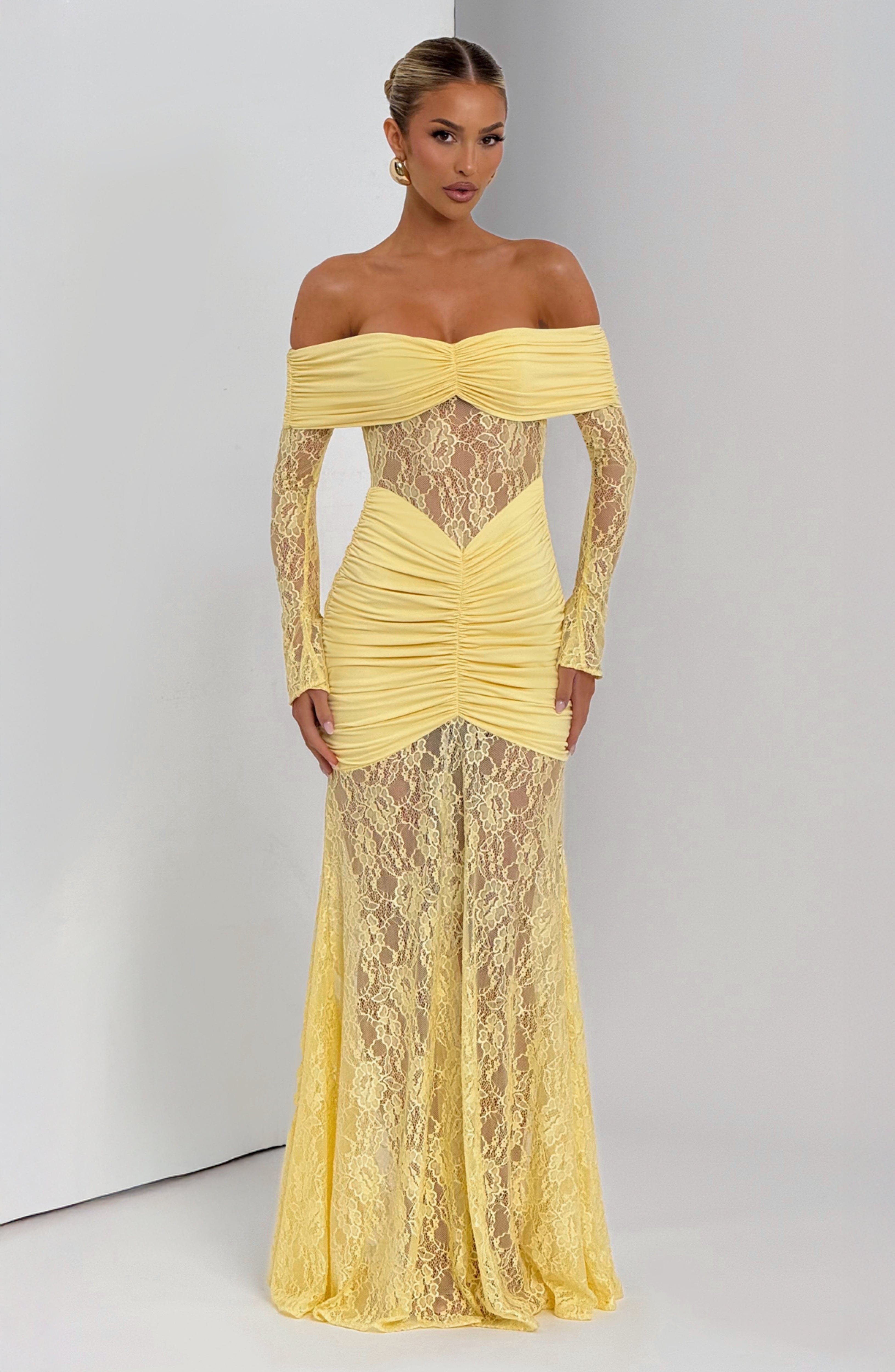 Lace Long Sleeve Maxi Dress for Women – Body-Hugging Evening Gown – Yellow
