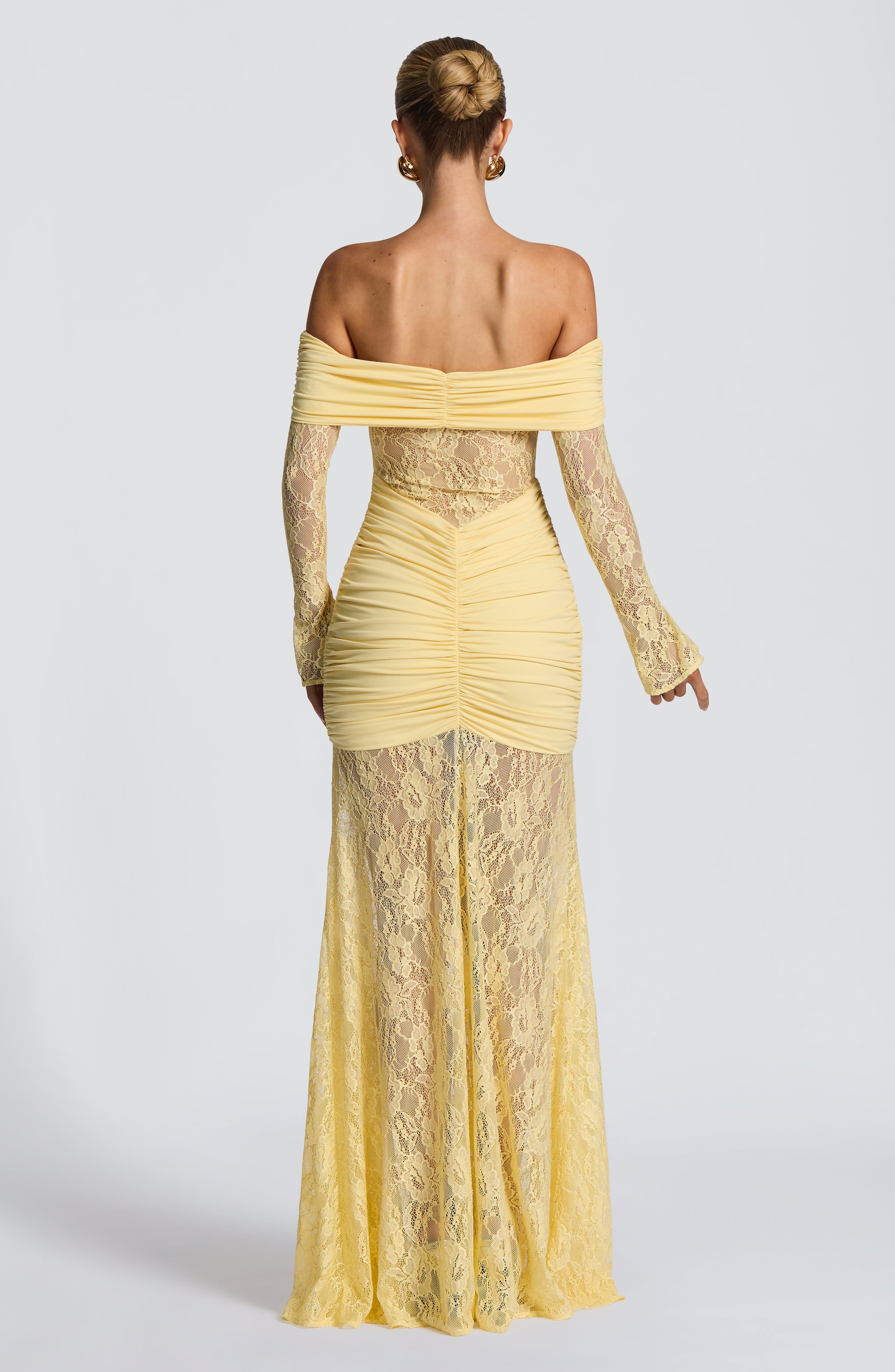 Lace Long Sleeve Maxi Dress for Women – Body-Hugging Evening Gown – Yellow