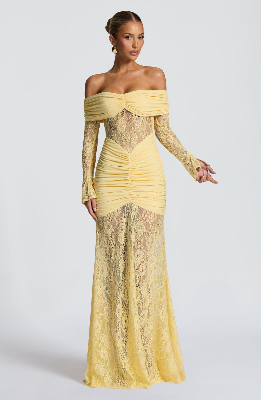 Lace Long Sleeve Maxi Dress for Women – Body-Hugging Evening Gown – Yellow