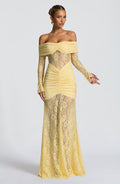 Lace Long Sleeve Maxi Dress for Women – Body-Hugging Evening Gown – Yellow