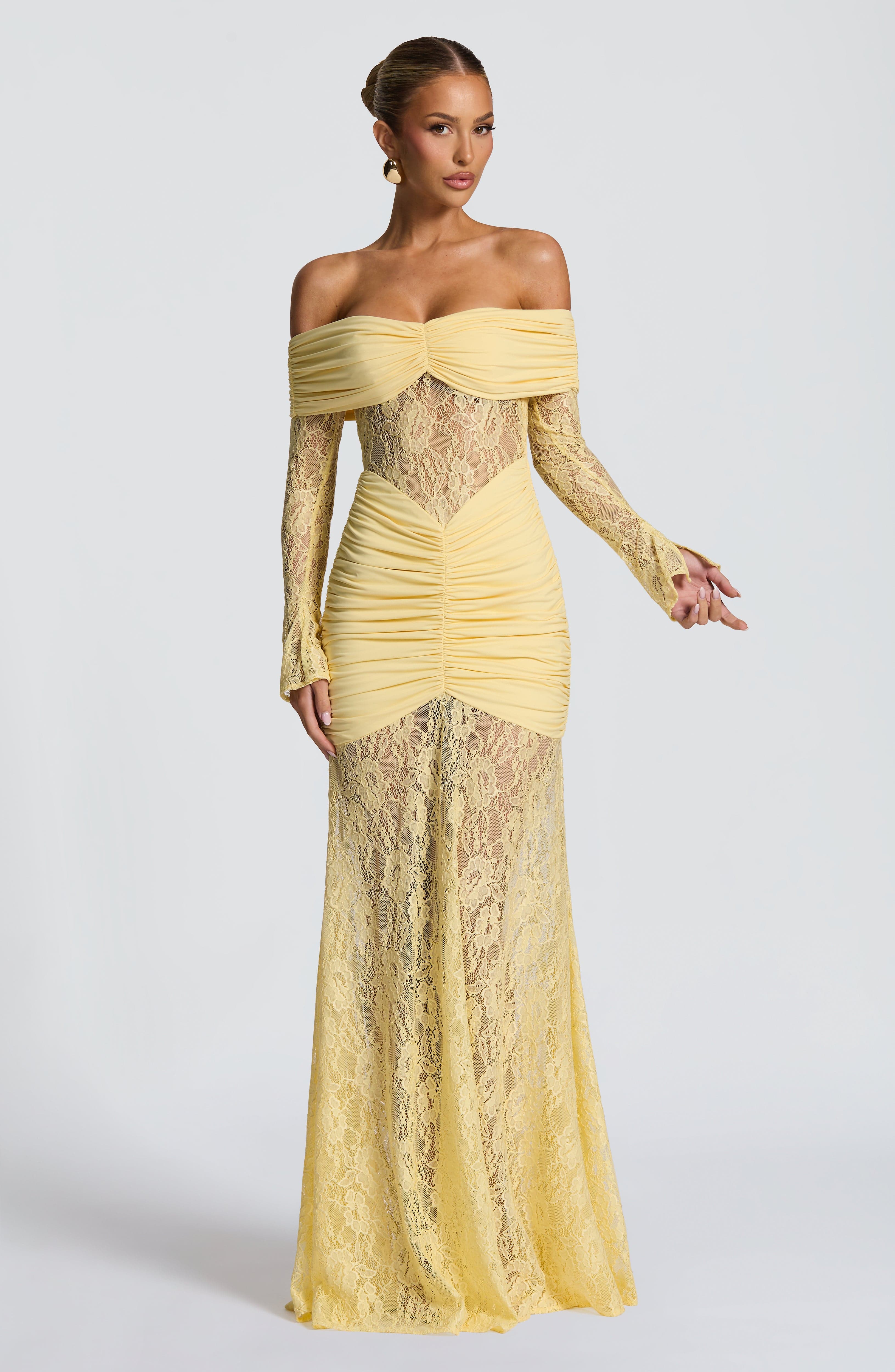 Lace Long Sleeve Maxi Dress for Women – Body-Hugging Evening Gown – Yellow