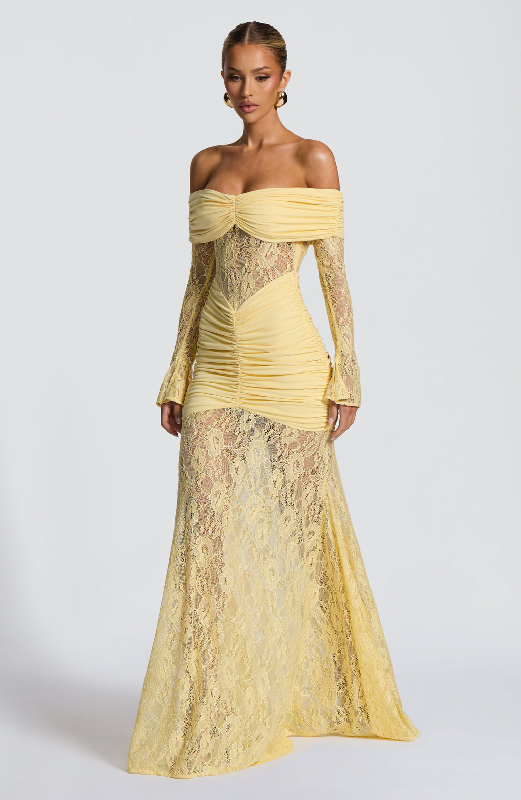 Lace Long Sleeve Maxi Dress for Women – Body-Hugging Evening Gown – Yellow