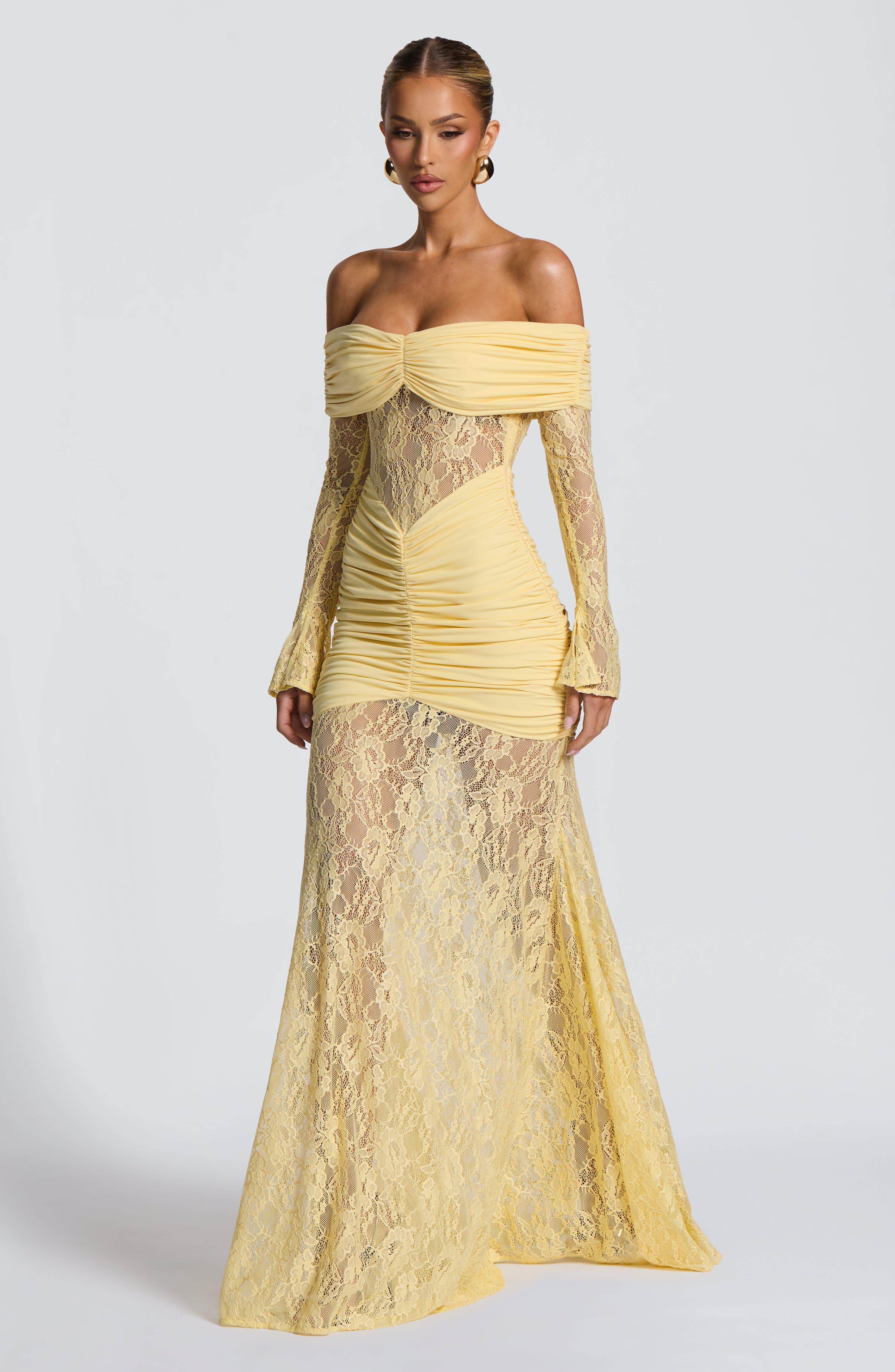 Lace Long Sleeve Maxi Dress for Women – Body-Hugging Evening Gown – Yellow
