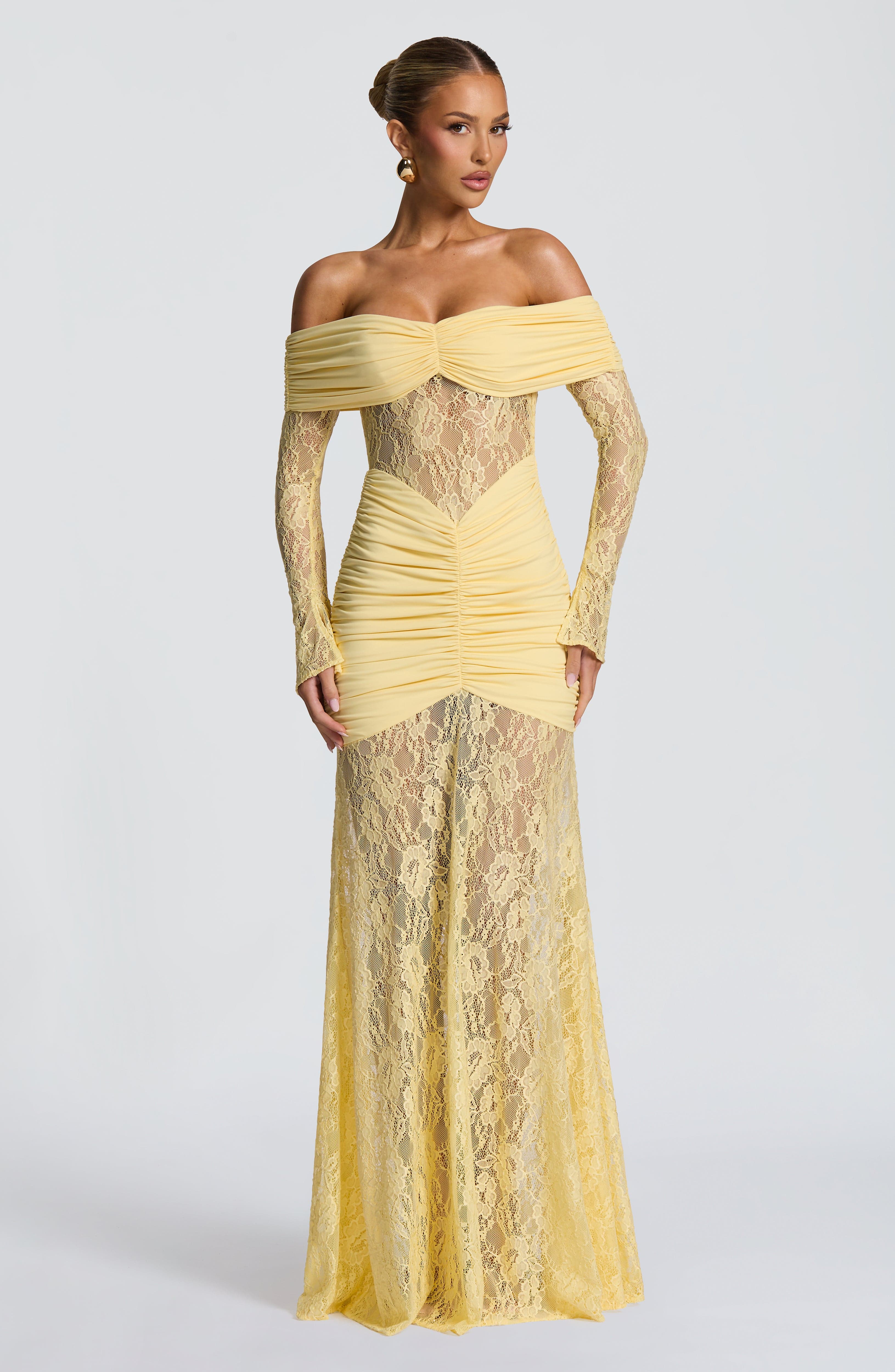 Lace Long Sleeve Maxi Dress for Women – Body-Hugging Evening Gown – Yellow