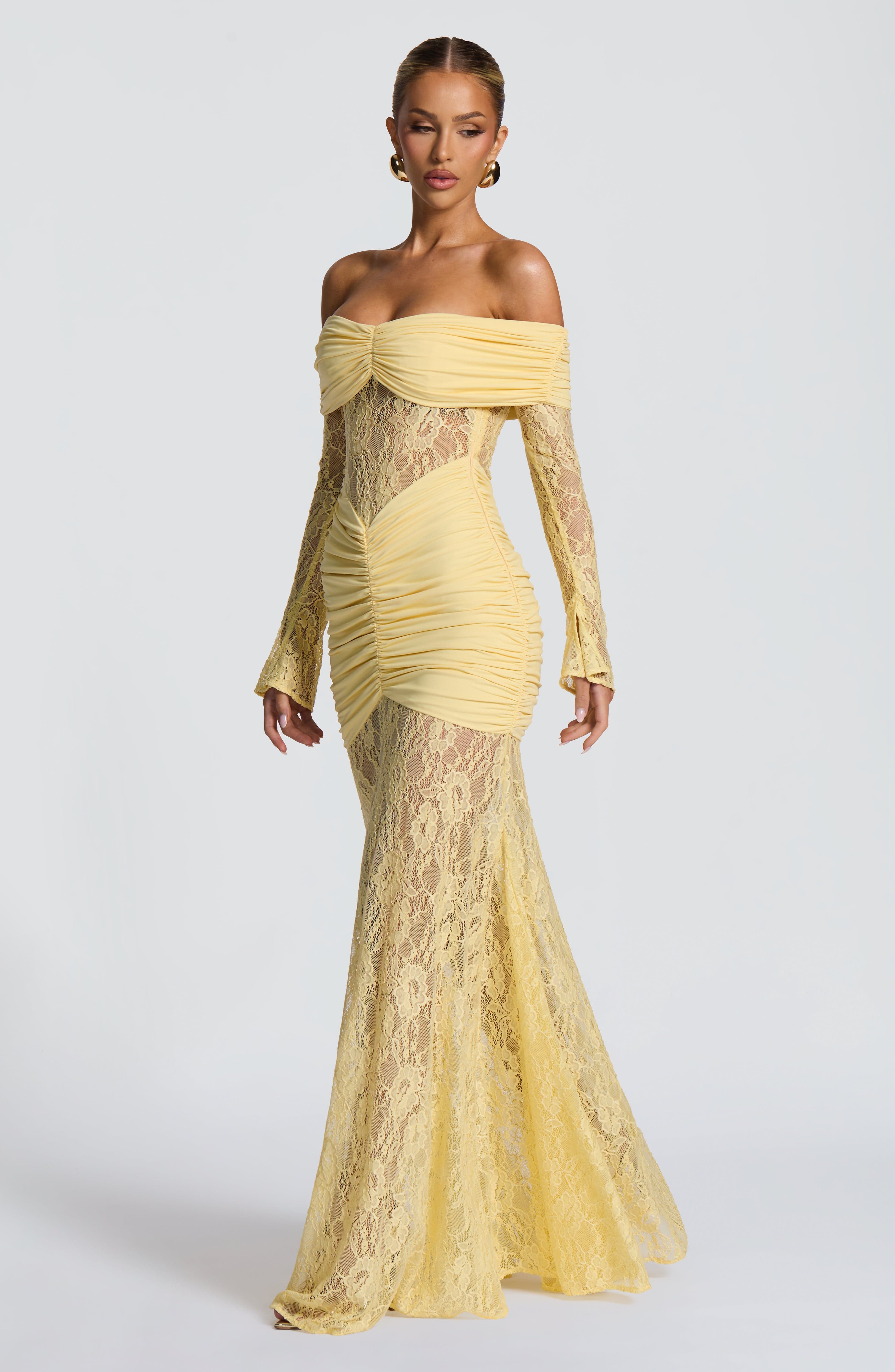 Lace Long Sleeve Maxi Dress for Women – Body-Hugging Evening Gown – Yellow