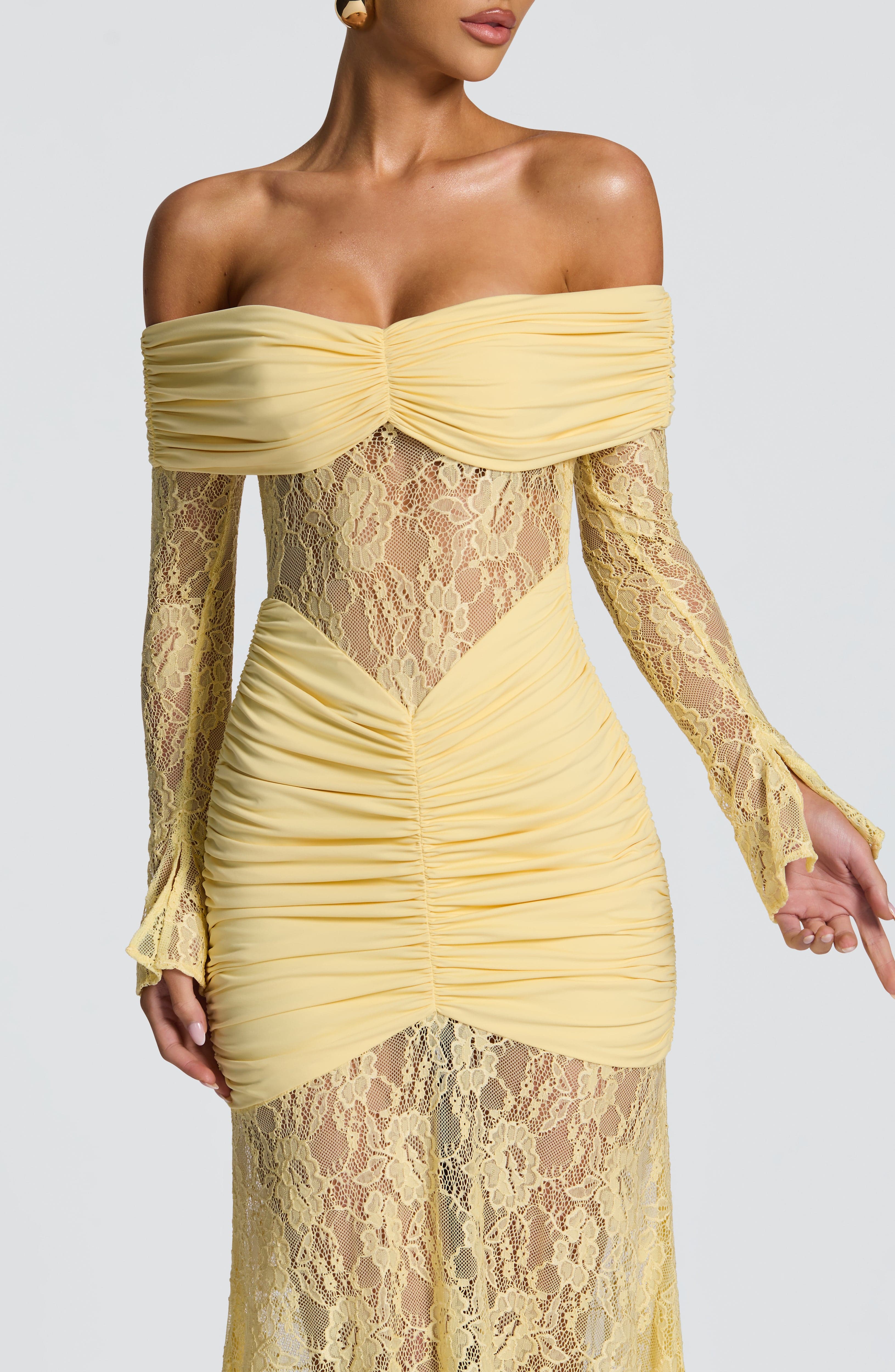 Lace Long Sleeve Maxi Dress for Women – Body-Hugging Evening Gown – Yellow