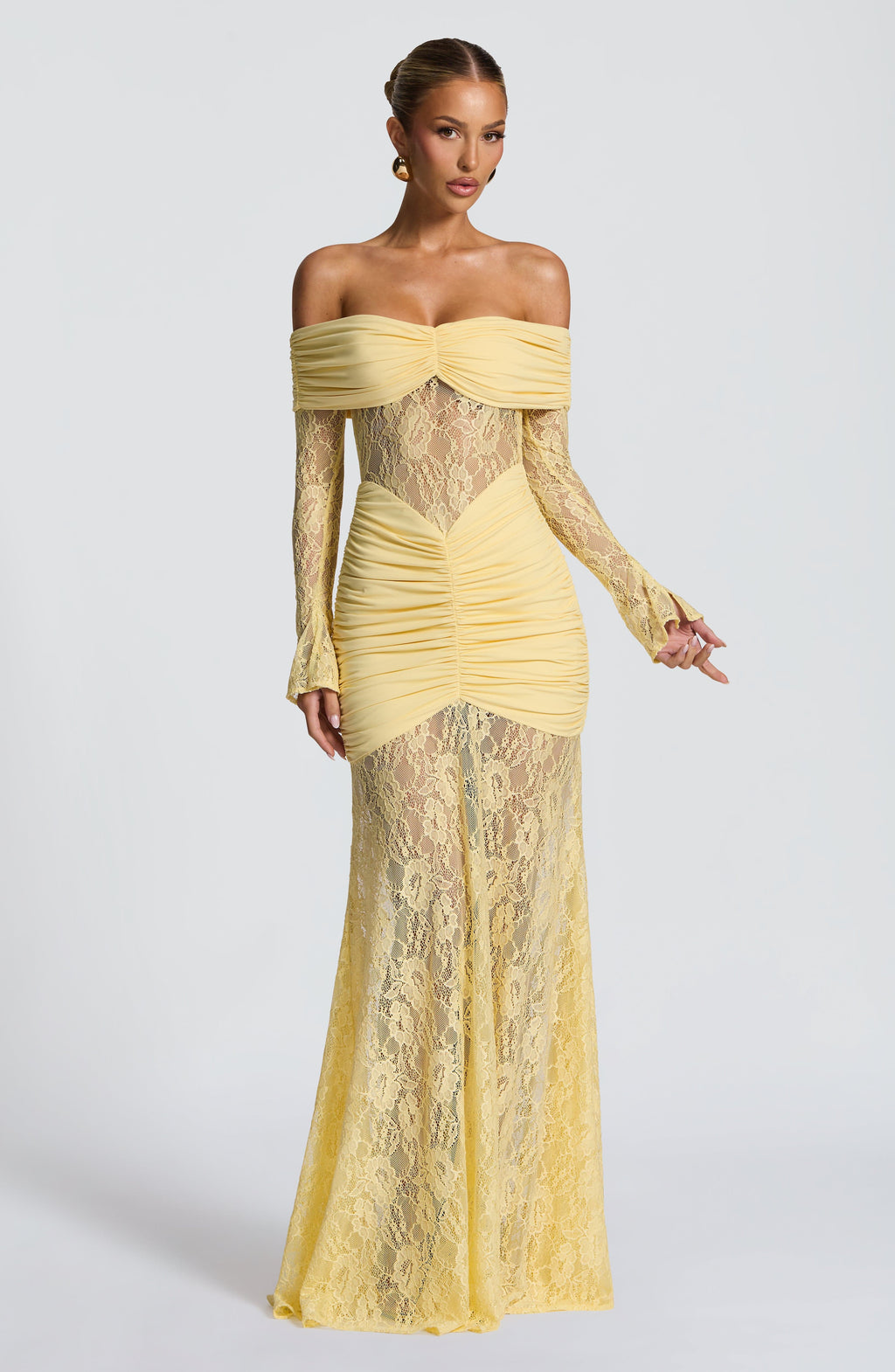 Lace Long Sleeve Maxi Dress for Women – Body-Hugging Evening Gown – Yellow