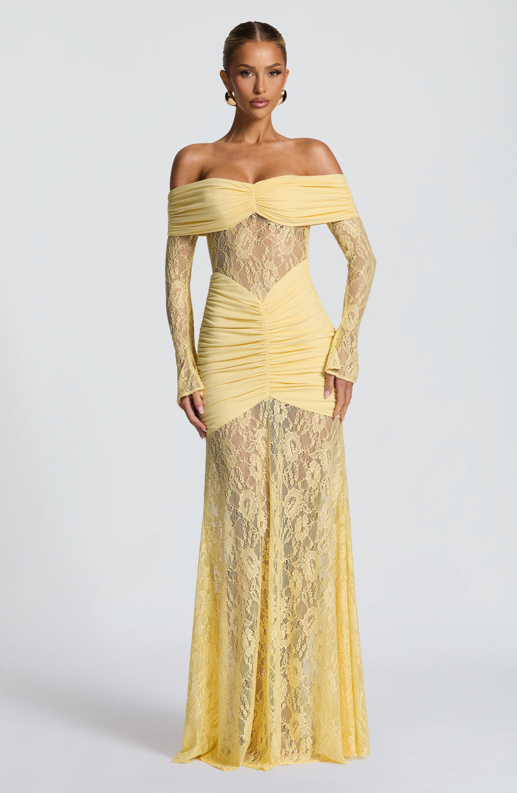 Lace Long Sleeve Maxi Dress for Women – Body-Hugging Evening Gown – Yellow