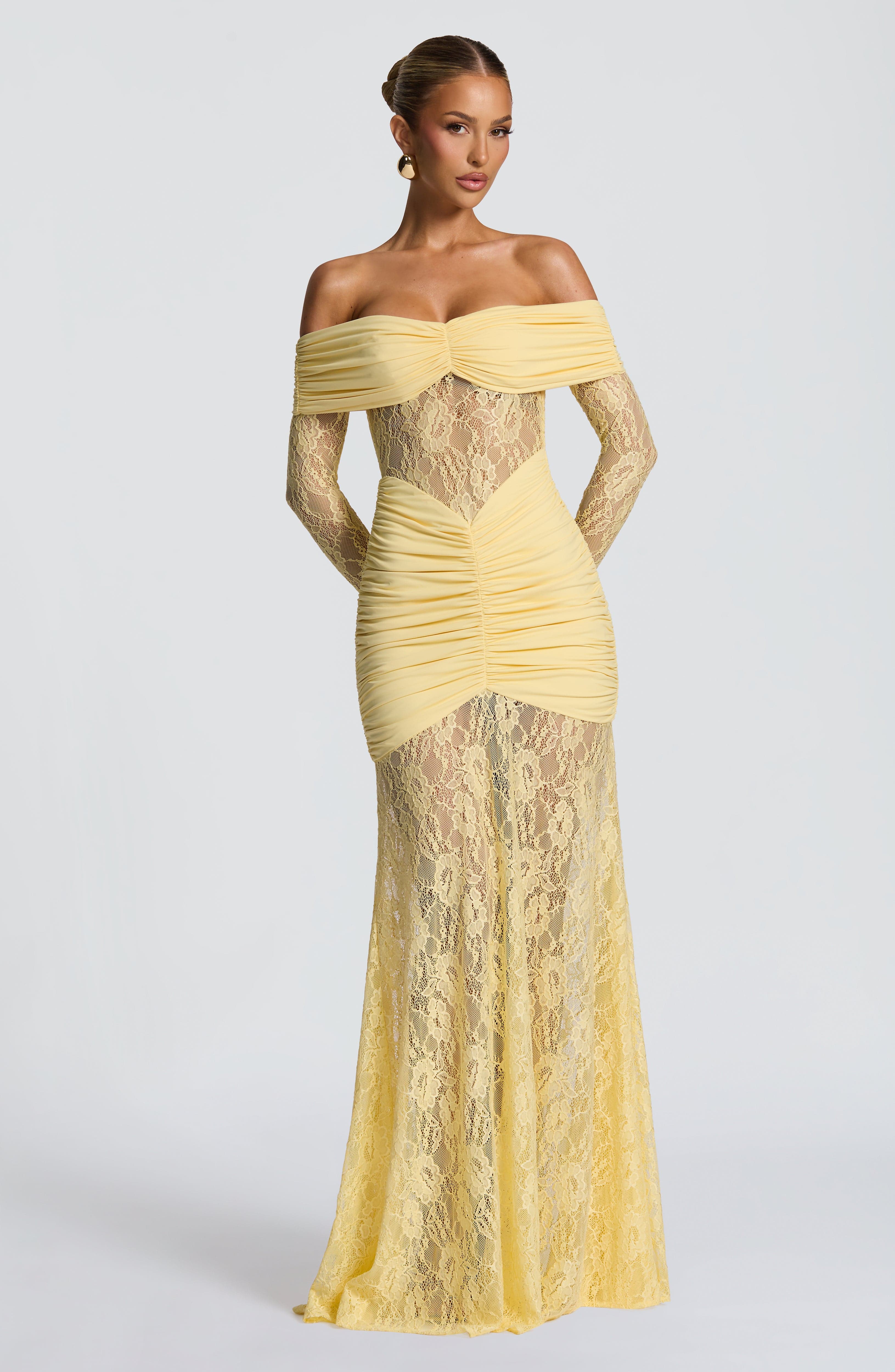 Lace Long Sleeve Maxi Dress for Women – Body-Hugging Evening Gown – Yellow