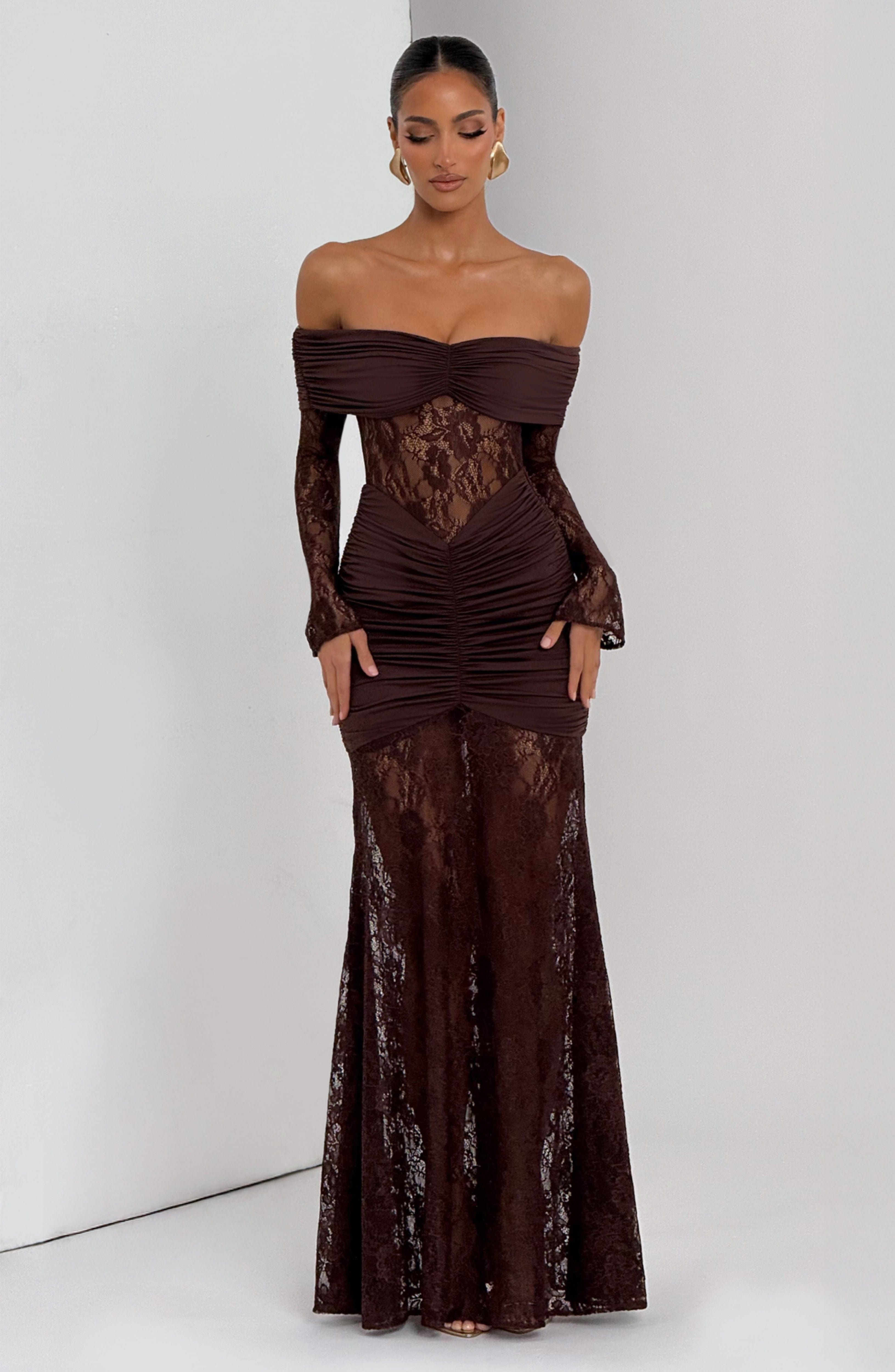 Lace Long Sleeve Maxi Dress for Women – Body-Hugging Evening Gown – Brown