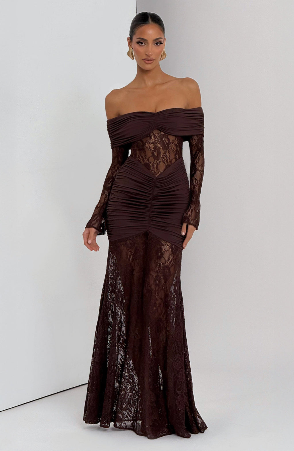 Lace Long Sleeve Maxi Dress for Women – Body-Hugging Evening Gown – Brown