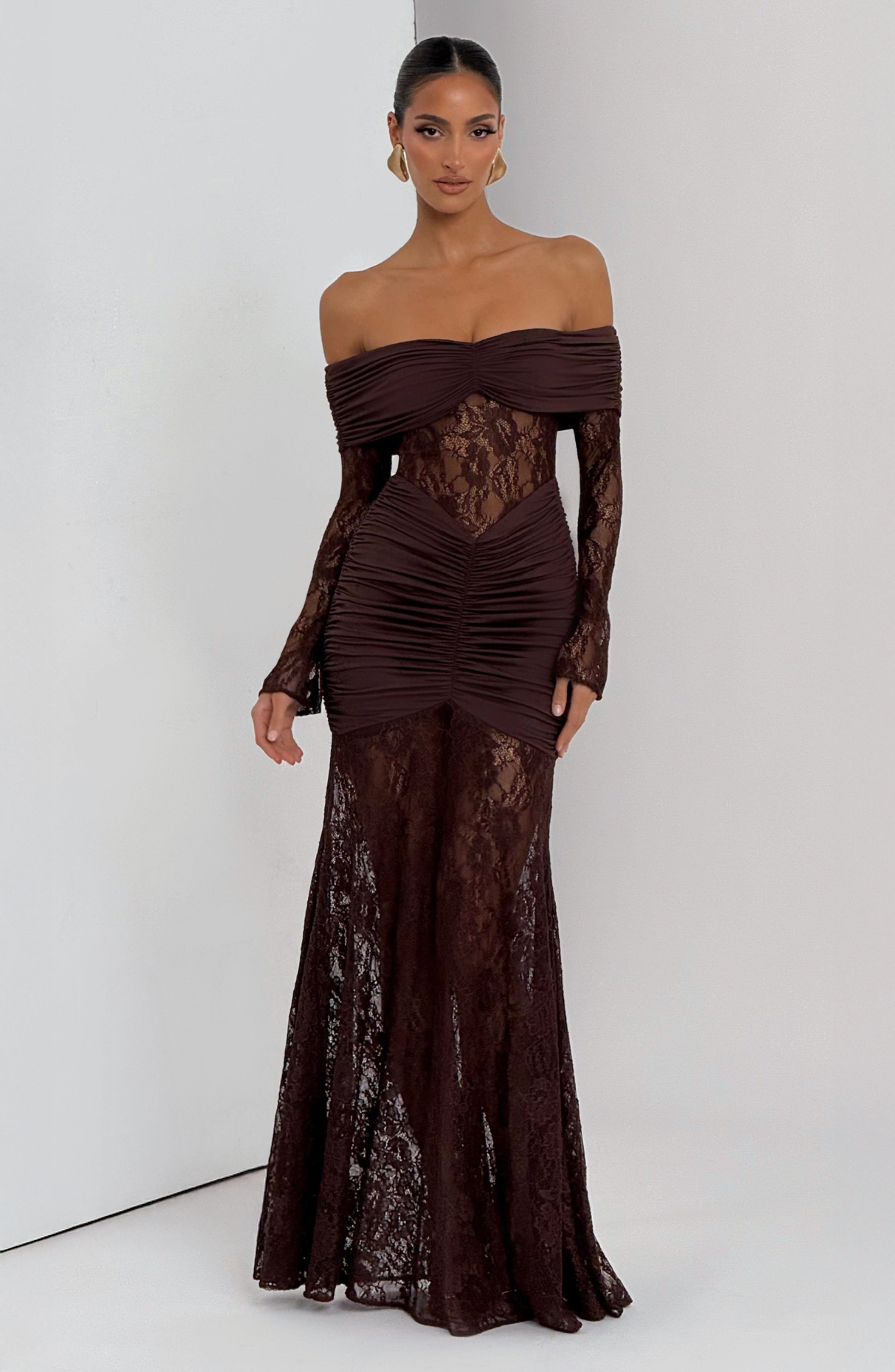 Lace Long Sleeve Maxi Dress for Women – Body-Hugging Evening Gown – Brown