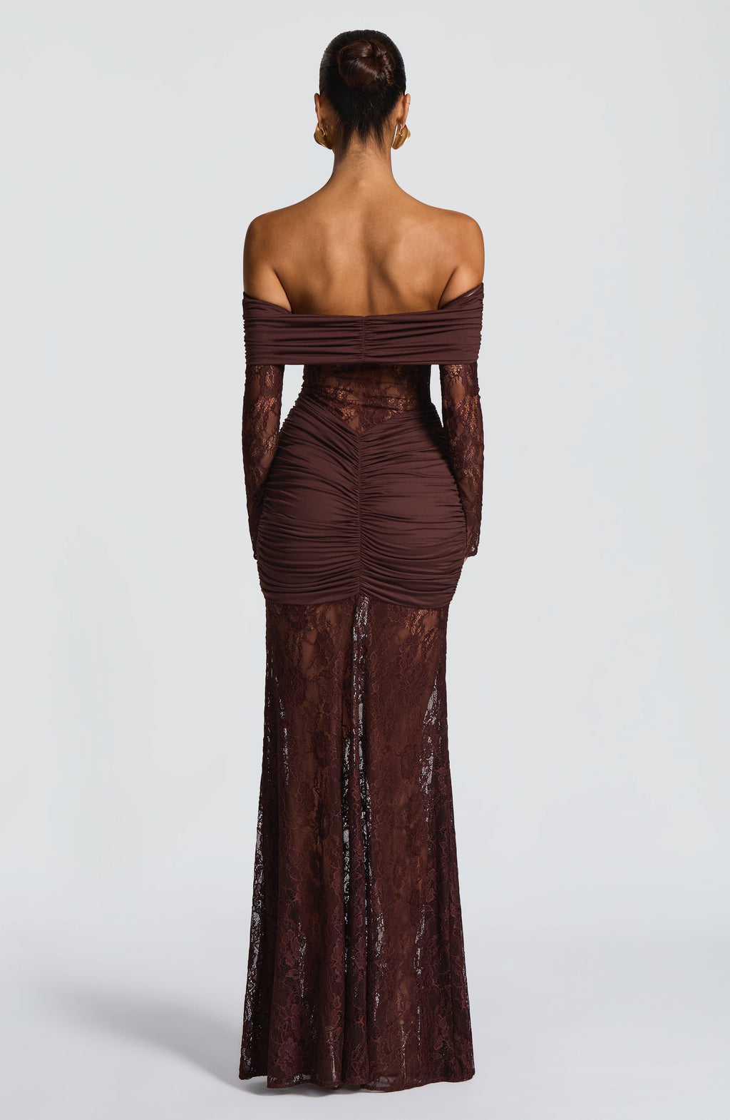Lace Long Sleeve Maxi Dress for Women – Body-Hugging Evening Gown – Brown