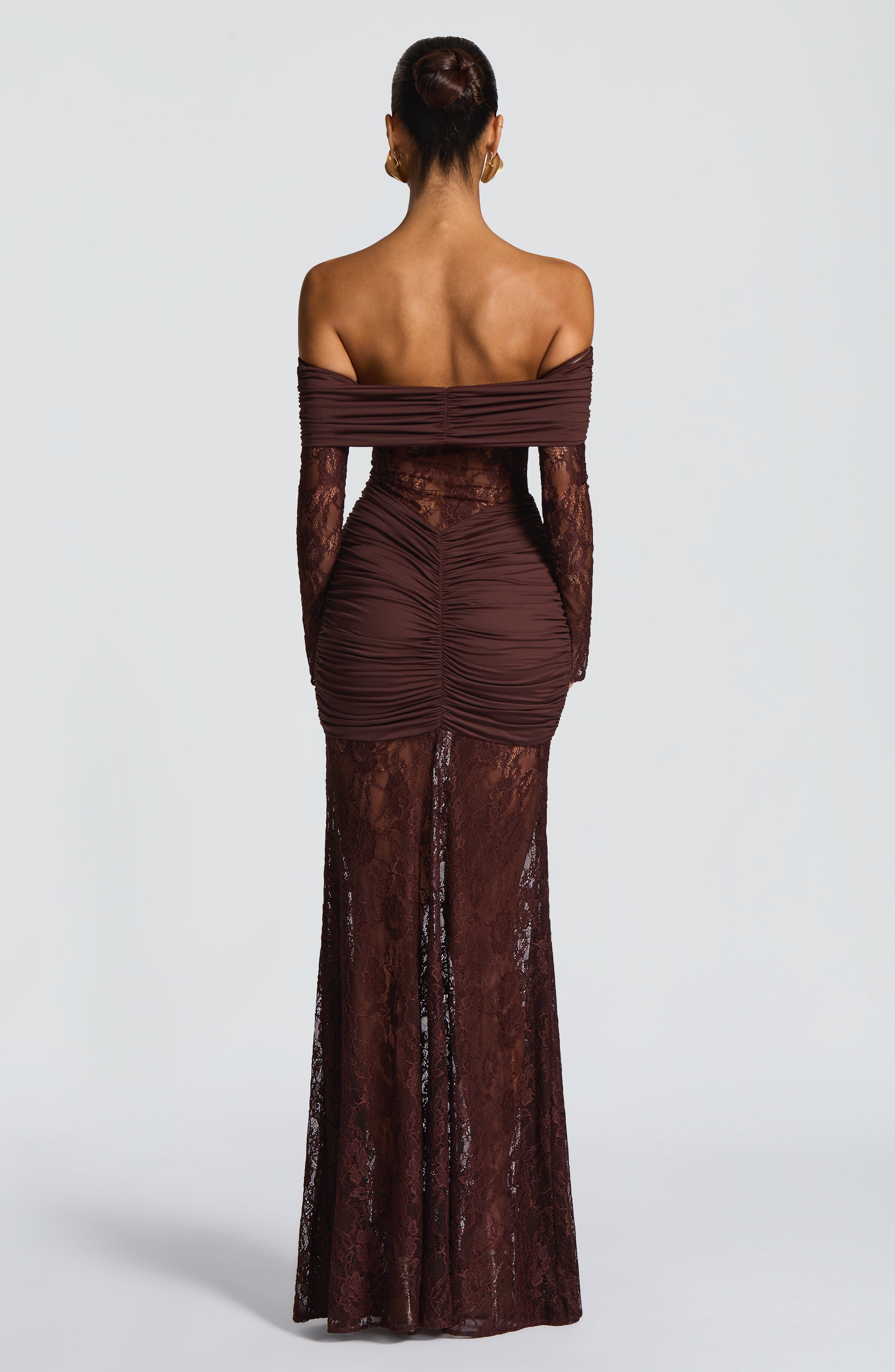 Lace Long Sleeve Maxi Dress for Women – Body-Hugging Evening Gown – Brown