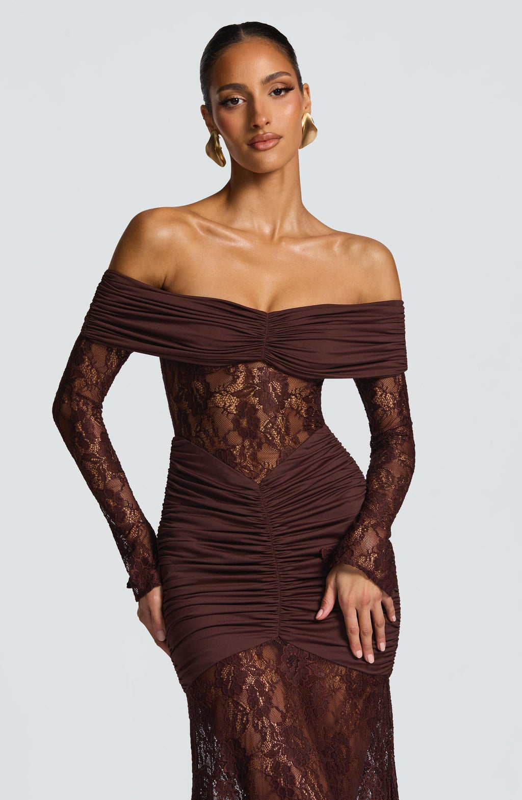 Lace Long Sleeve Maxi Dress for Women – Body-Hugging Evening Gown – Brown