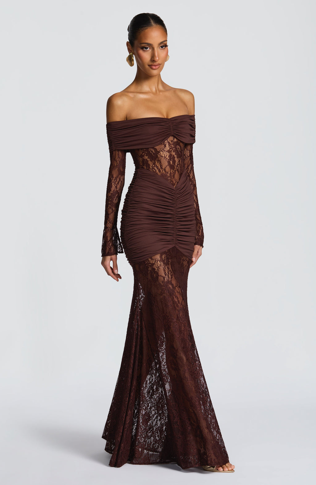 Lace Long Sleeve Maxi Dress for Women – Body-Hugging Evening Gown – Brown