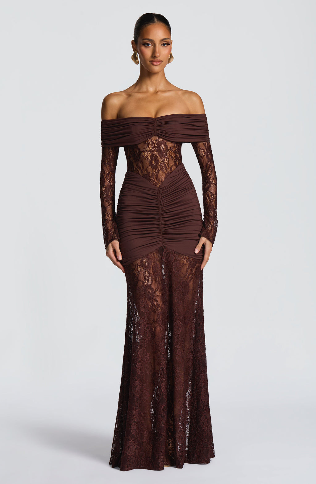 Lace Long Sleeve Maxi Dress for Women – Body-Hugging Evening Gown – Brown