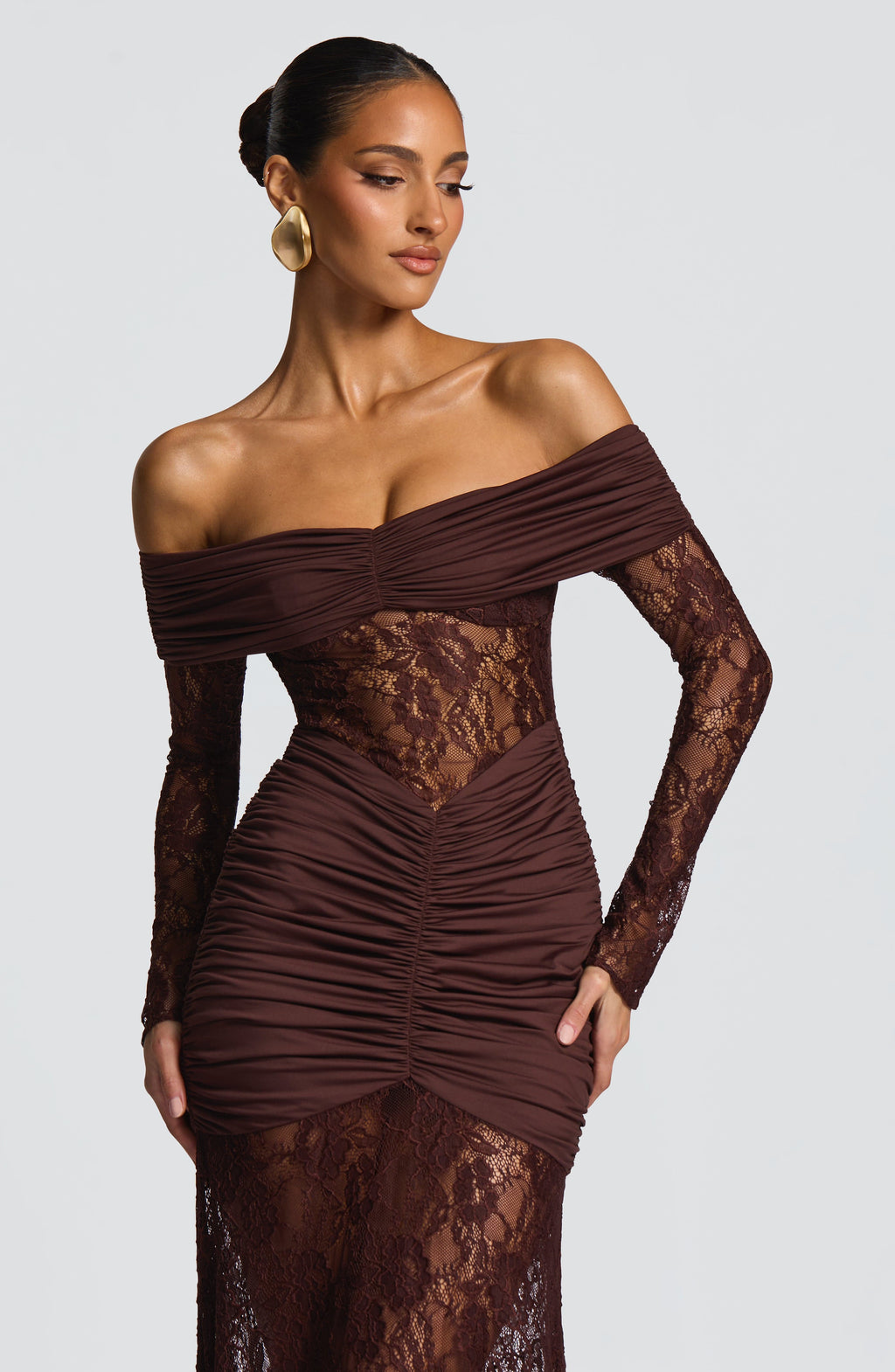 Lace Long Sleeve Maxi Dress for Women – Body-Hugging Evening Gown – Brown