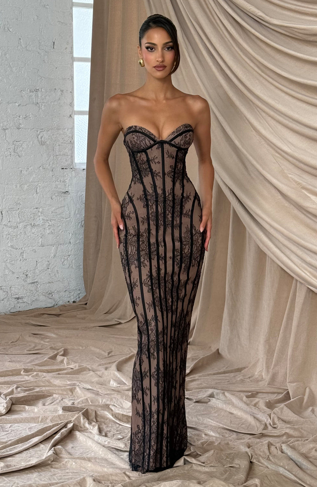 Strapless Lace Column Maxi Dress for Women – Eyelash Hem Evening Gown – Black
