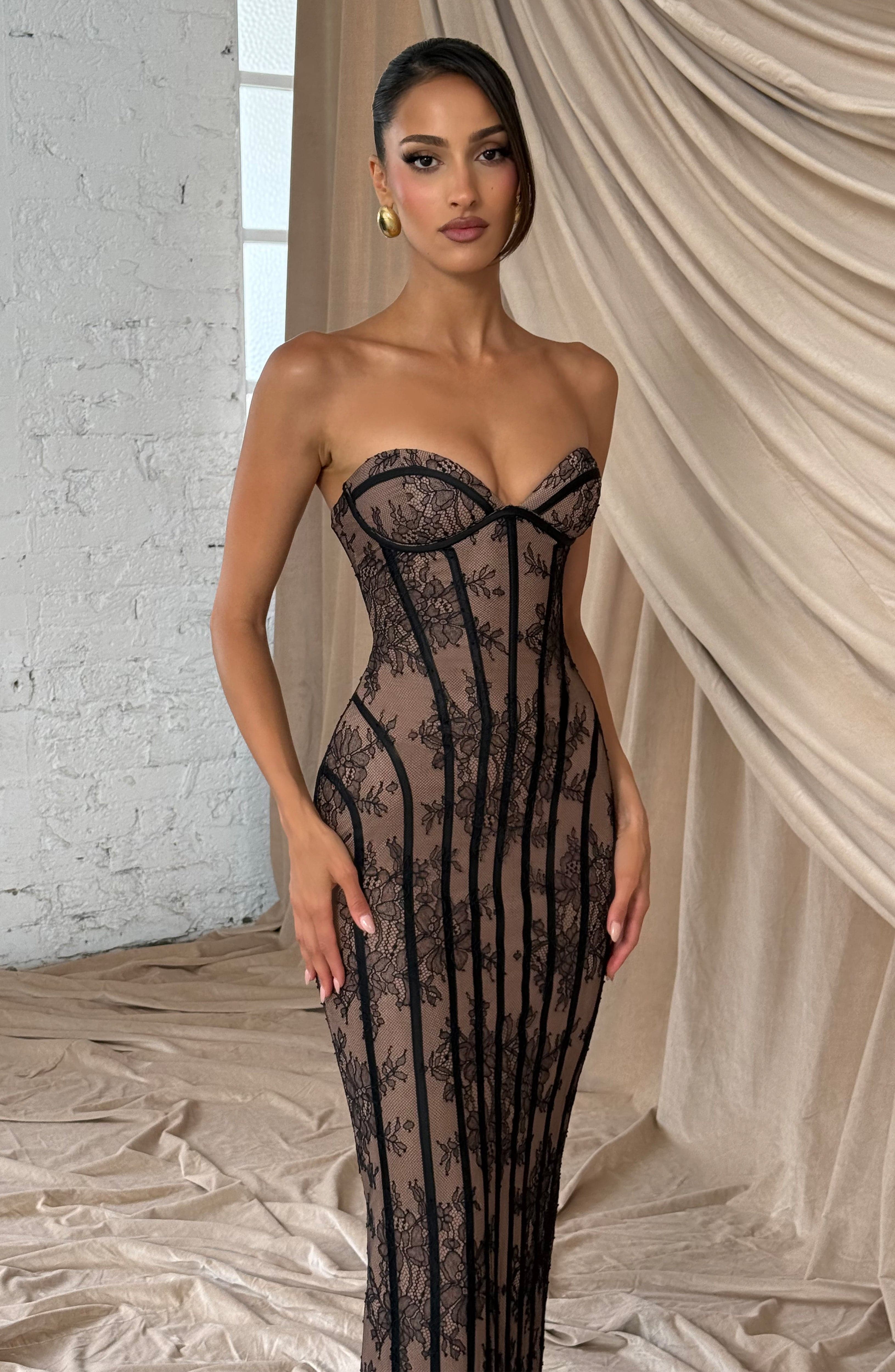 Strapless Lace Column Maxi Dress for Women – Eyelash Hem Evening Gown – Black
