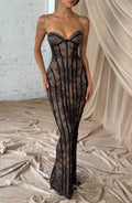 Strapless Lace Column Maxi Dress for Women – Eyelash Hem Evening Gown – Black