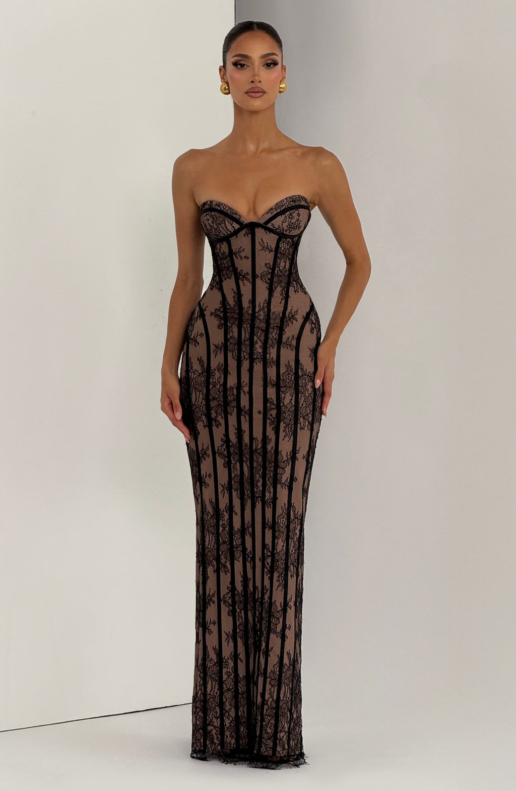 Strapless Lace Column Maxi Dress for Women – Eyelash Hem Evening Gown – Black