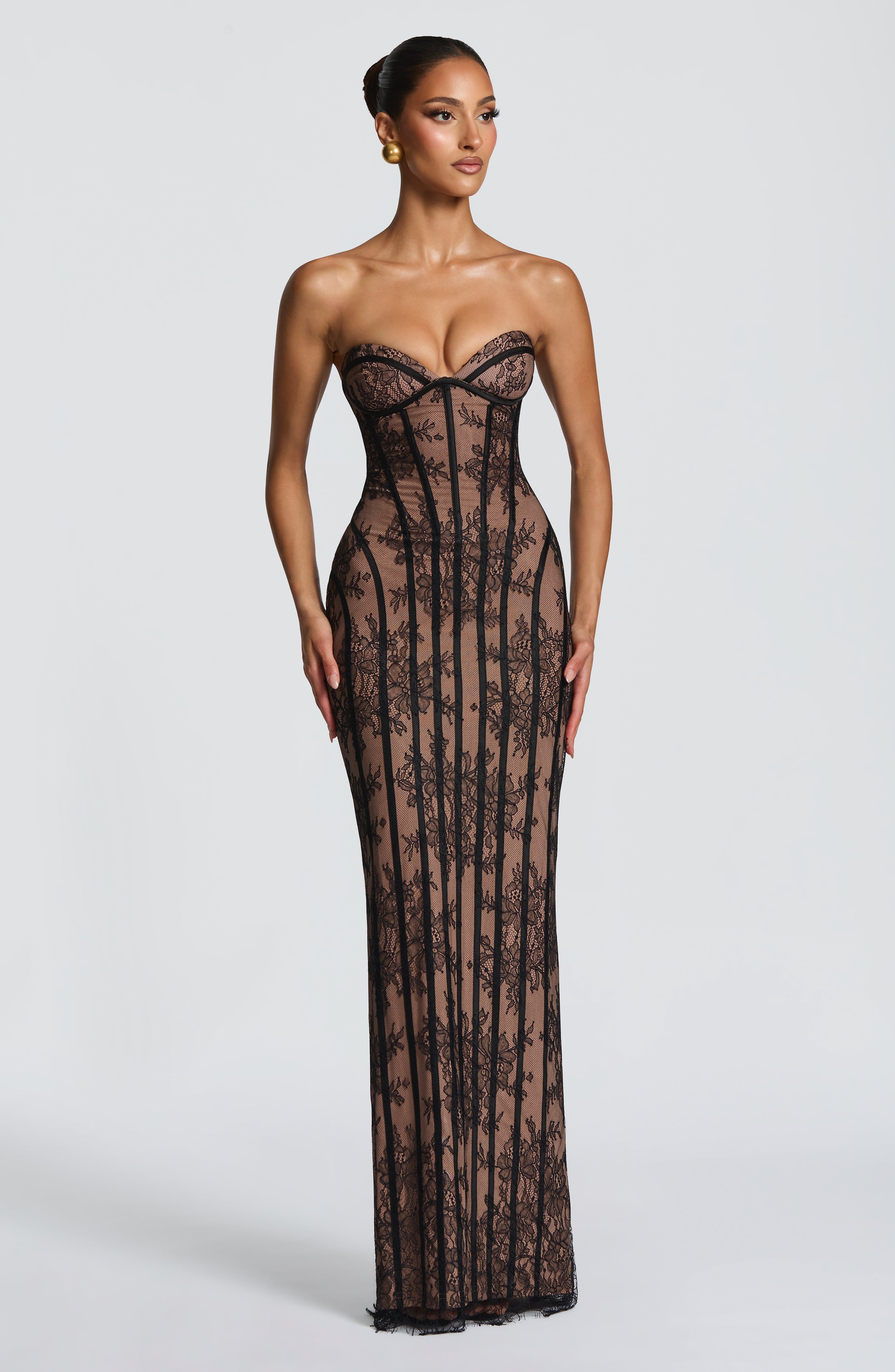 Strapless Lace Column Maxi Dress for Women – Eyelash Hem Evening Gown – Black