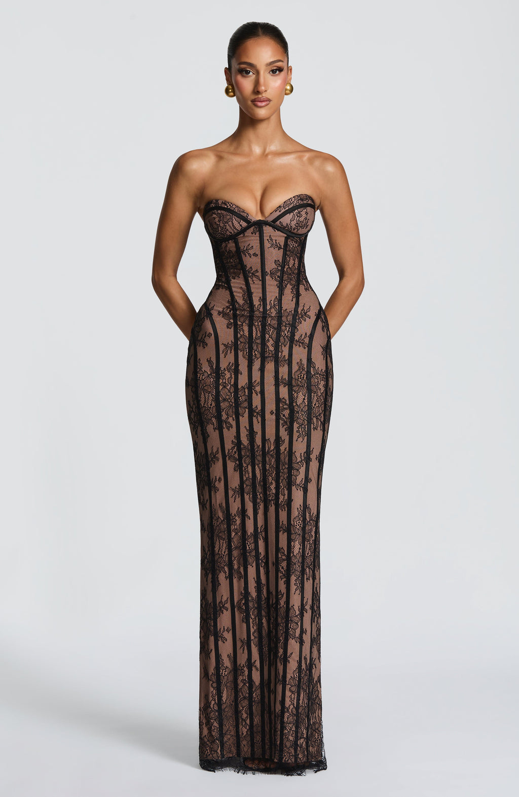 Strapless Lace Column Maxi Dress for Women – Eyelash Hem Evening Gown – Black